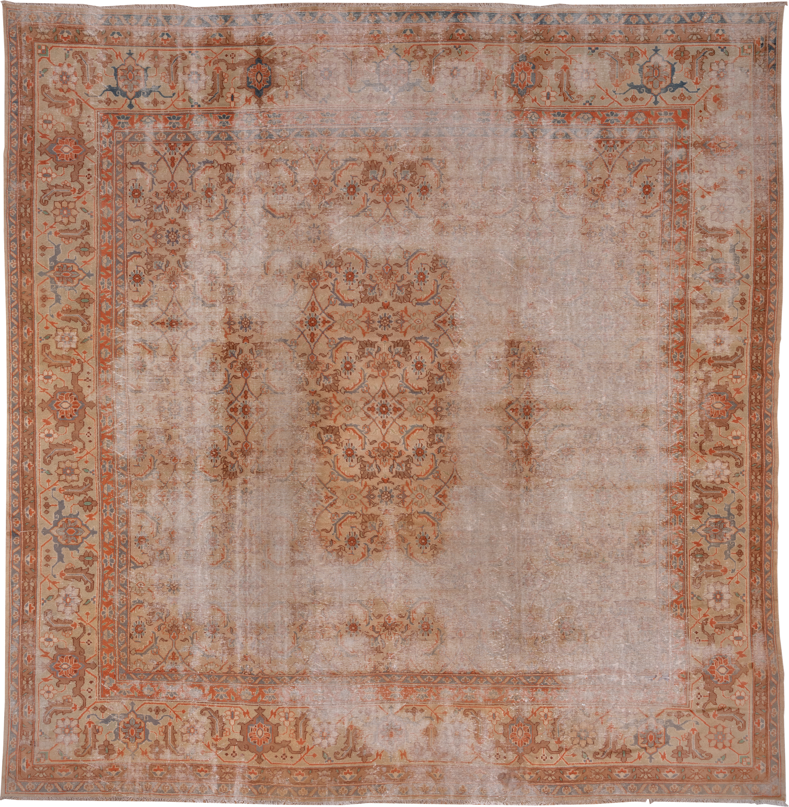 16' x 16' one-of-a-kind handmade vintage Amritzar oversize rug. Color palette: blush, terra cotta, ivory, dusty blue, taupe