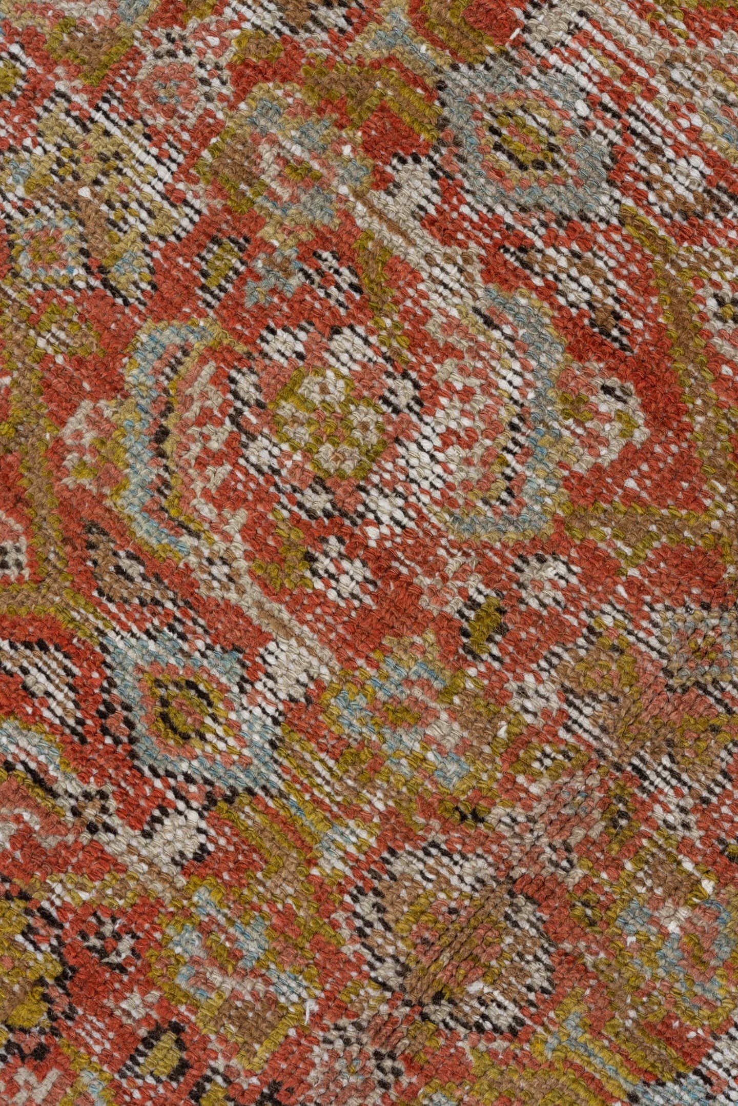 5' x 13' one-of-a-kind handmade vintage Malayer rug. Color palette: terra cotta, ivory, rust, sage, gold, taupe, brown