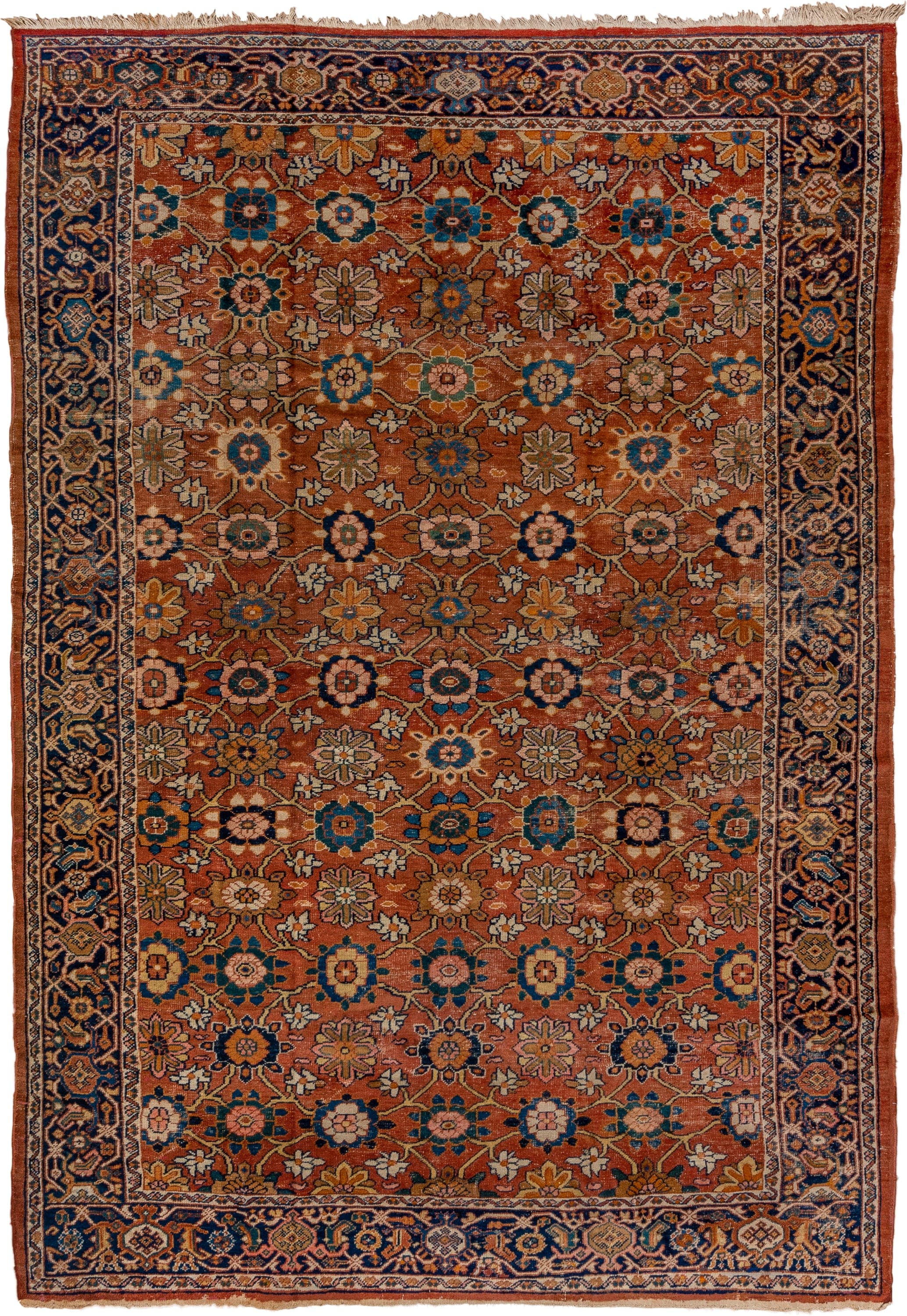 7' x 11' one-of-a-kind handmade vintage Mahal large size rug. Color palette: terra cotta, navy, ivory, sky blue, camel, gold