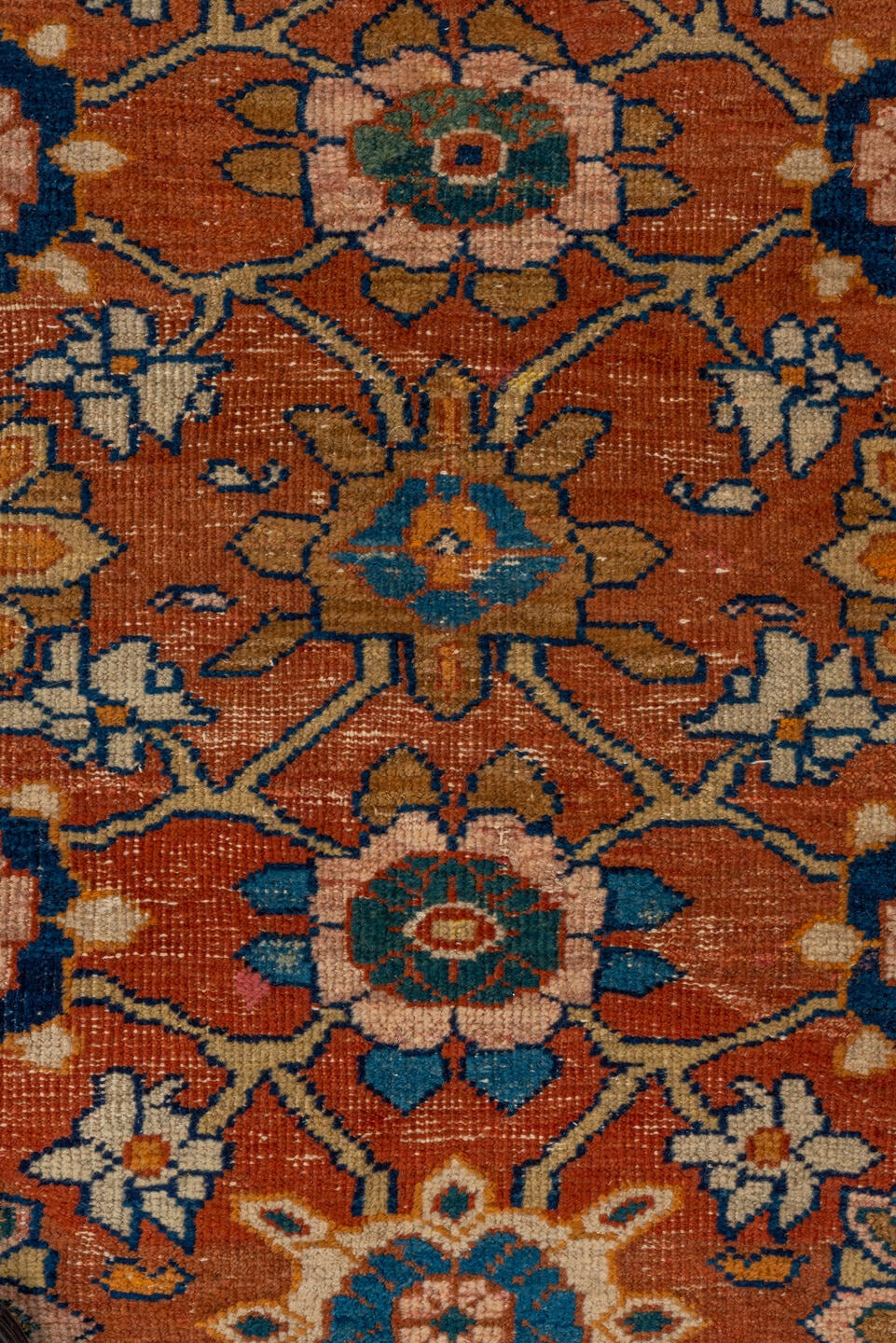 7' x 11' one-of-a-kind handmade vintage Mahal large size rug. Color palette: terra cotta, navy, ivory, sky blue, camel, gold