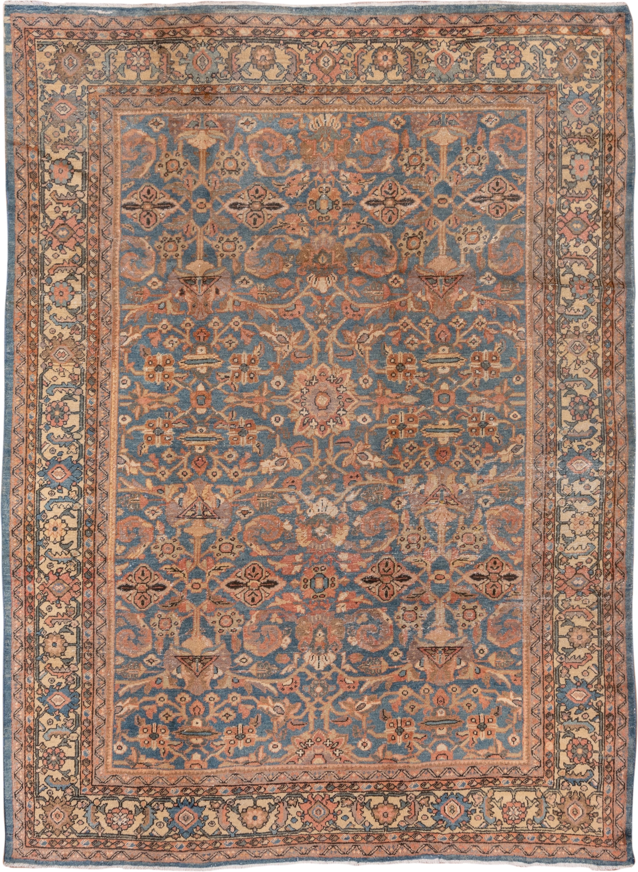 8' x 10' one-of-a-kind handmade vintage Mahal large size rug. Color palette: blue, ivory, terra cotta, taupe, rose, charcoal