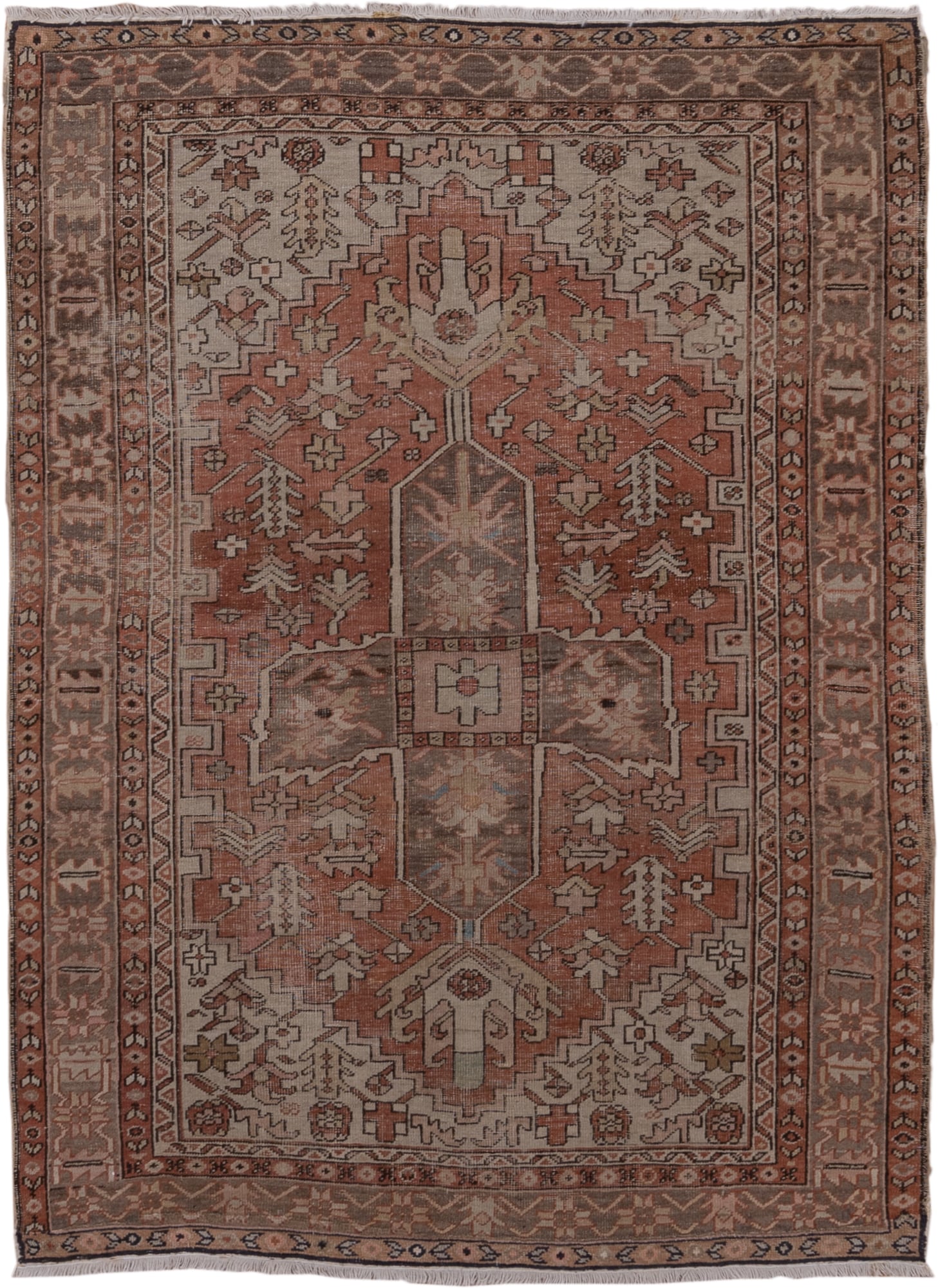 4' x 5' one-of-a-kind handmade antique Serapi small size rug. Color palette: terra cotta, taupe, brown, ivory, camel, slate