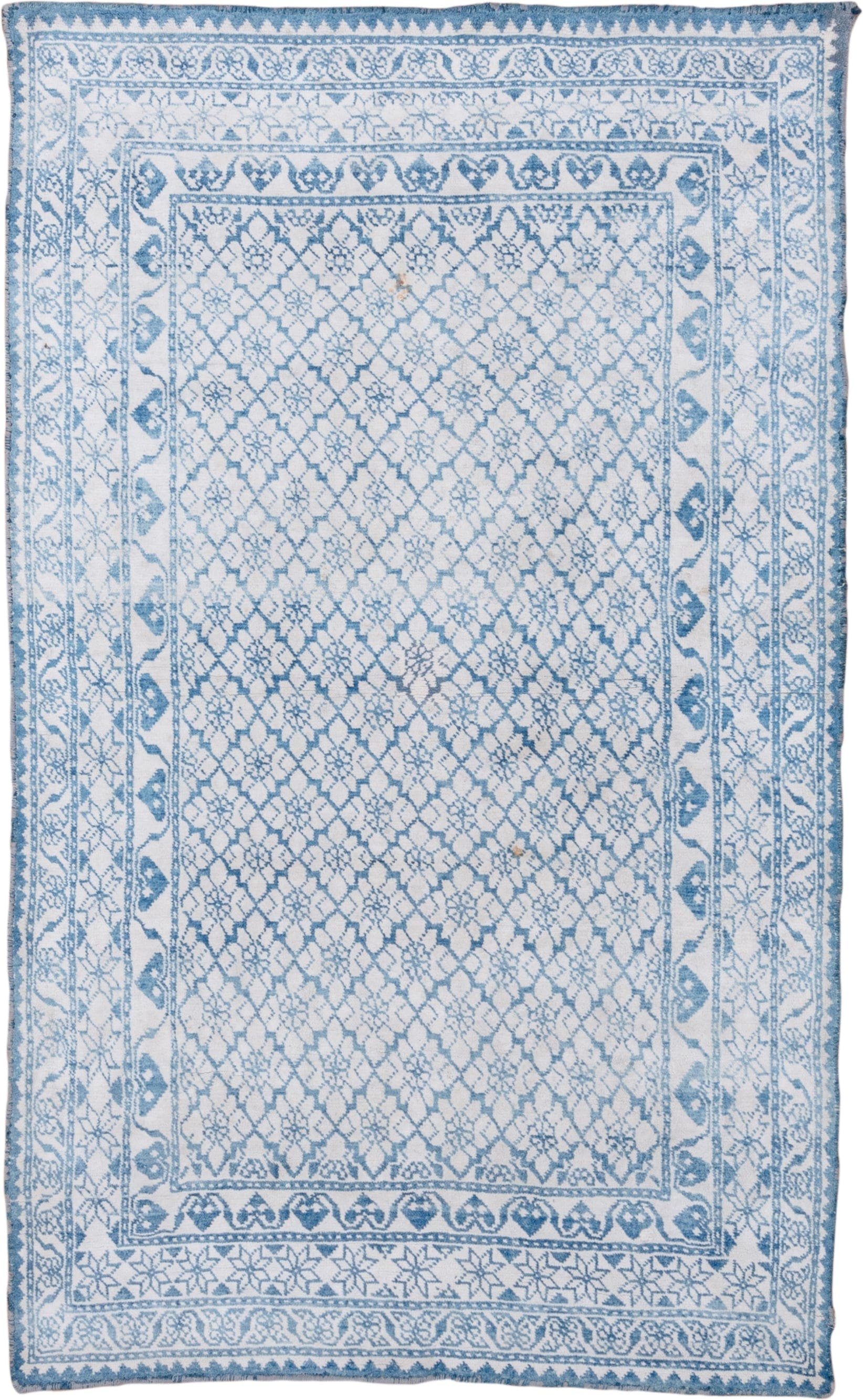 4' x 6' one-of-a-kind handmade vintage Agra small size rug. Color palette: ivory, sky blue, powder blue, light blue