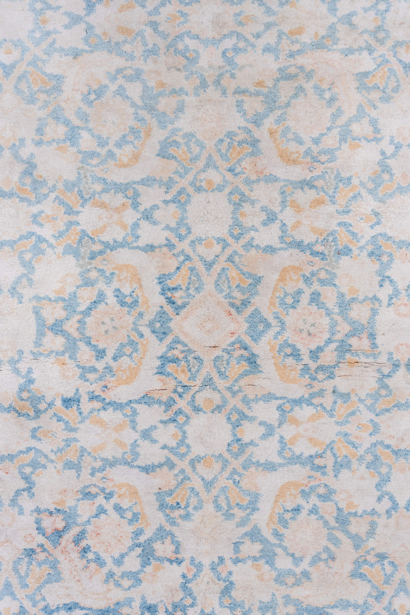 4' x 6' one-of-a-kind handmade vintage Agra small size rug. Color palette: ivory, powder_blue, blush, peach, sky_blue