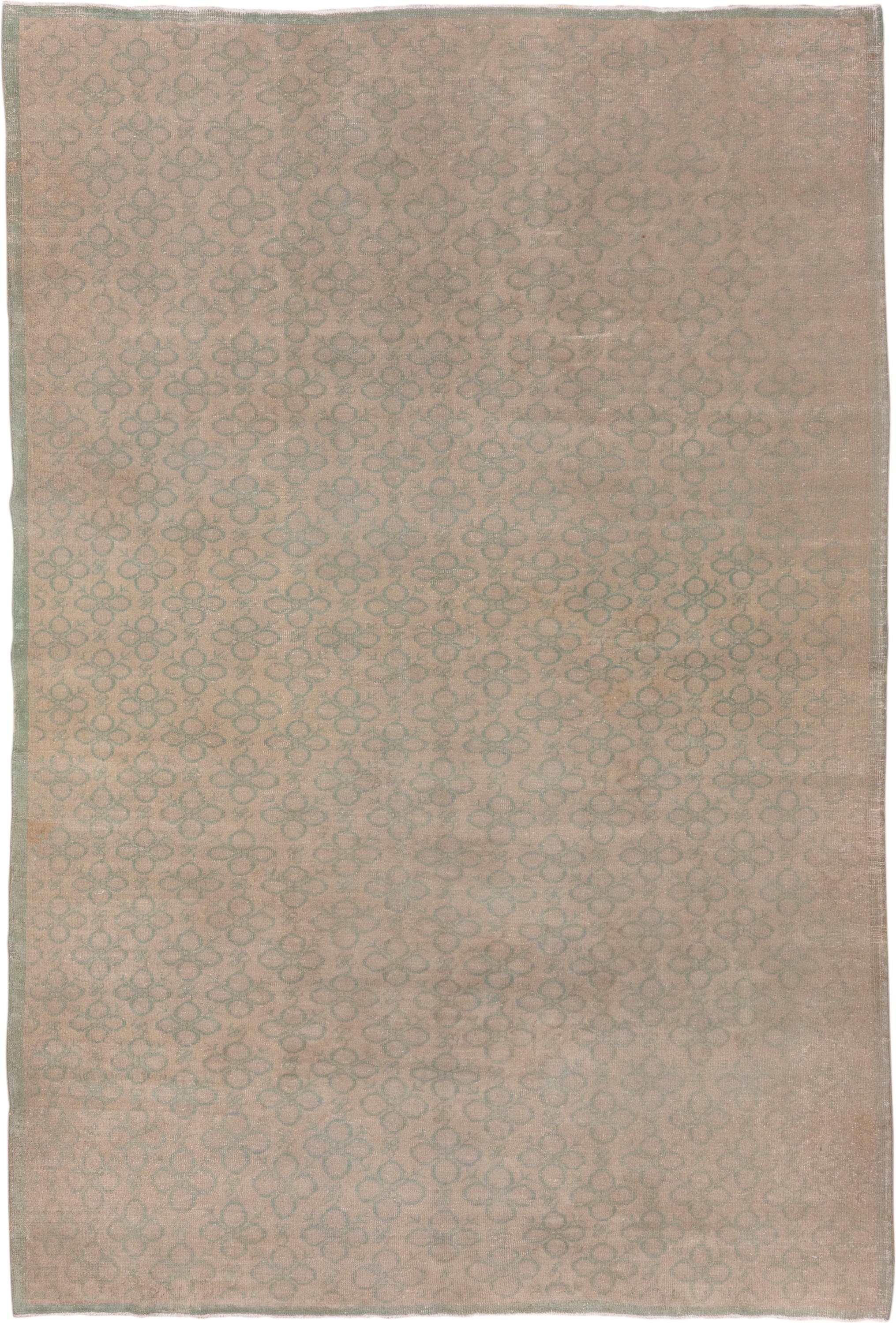 6' x 9' one-of-a-kind handmade vintage Oushak medium size rug. Color palette: beige, sage, taupe, ivory, green, gray
