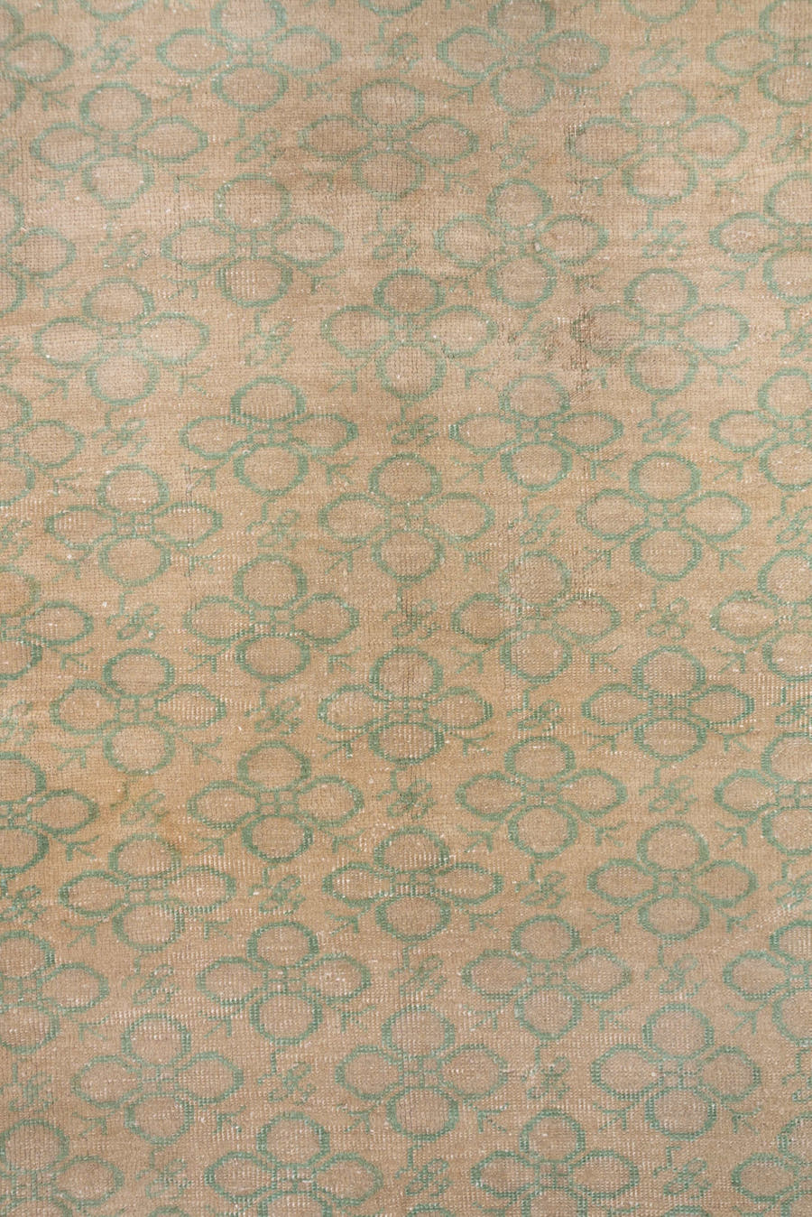 6' x 9' one-of-a-kind handmade vintage Oushak medium size rug. Color palette: beige, sage, taupe, ivory, green, gray