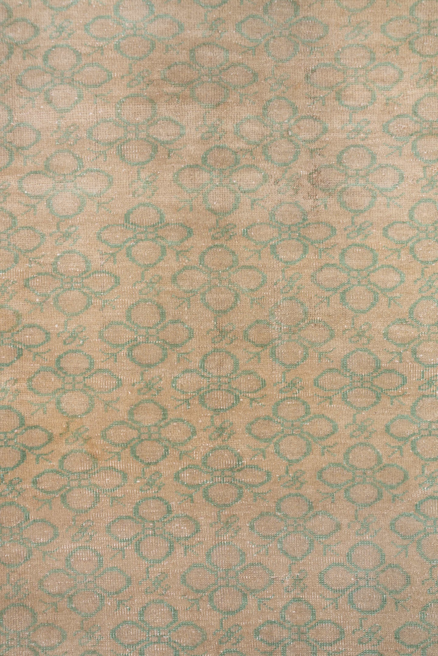 6' x 9' one-of-a-kind handmade vintage Oushak medium size rug. Color palette: beige, sage, taupe, ivory, green, gray