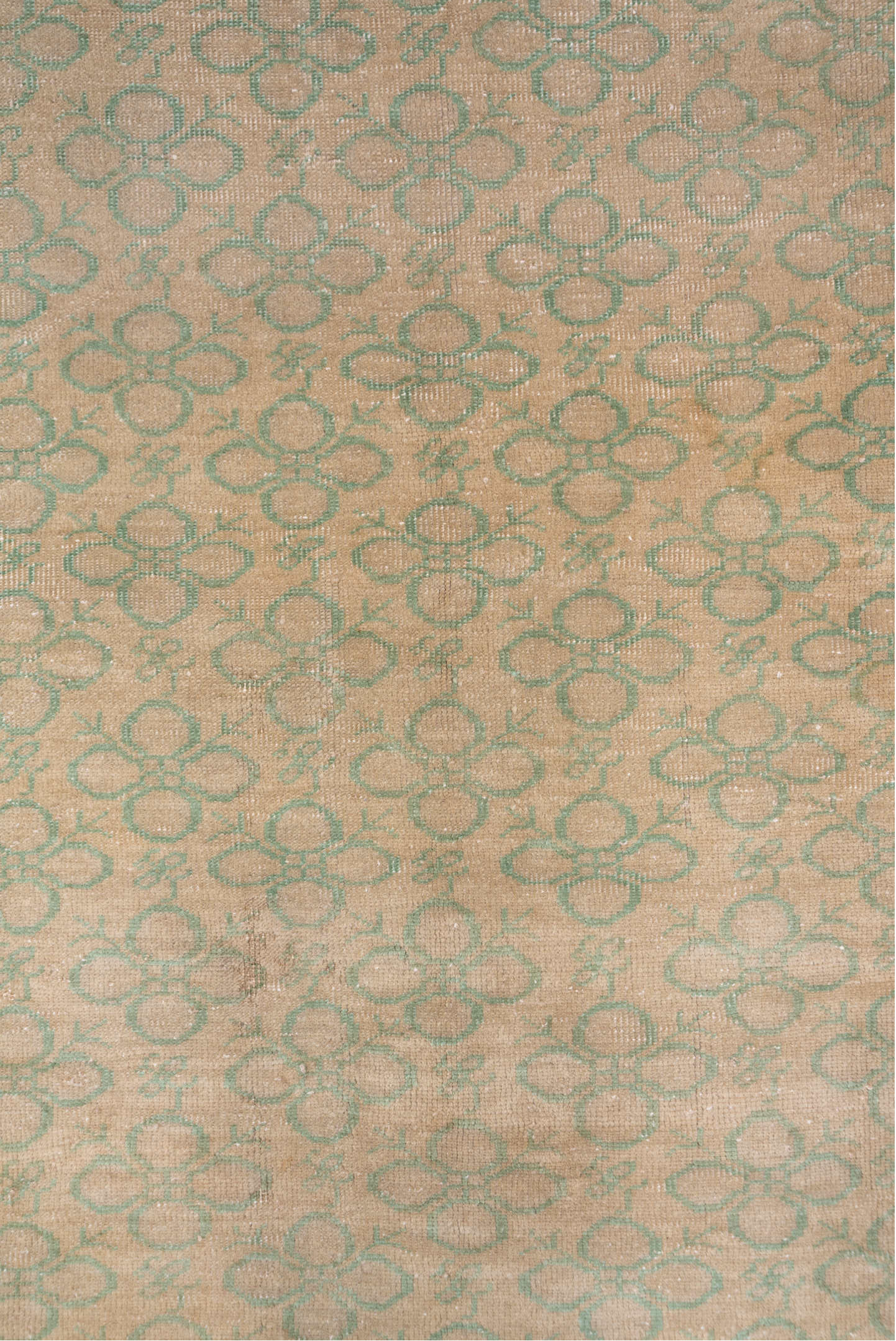 6' x 9' one-of-a-kind handmade vintage Oushak medium size rug. Color palette: beige, sage, taupe, ivory, green, gray