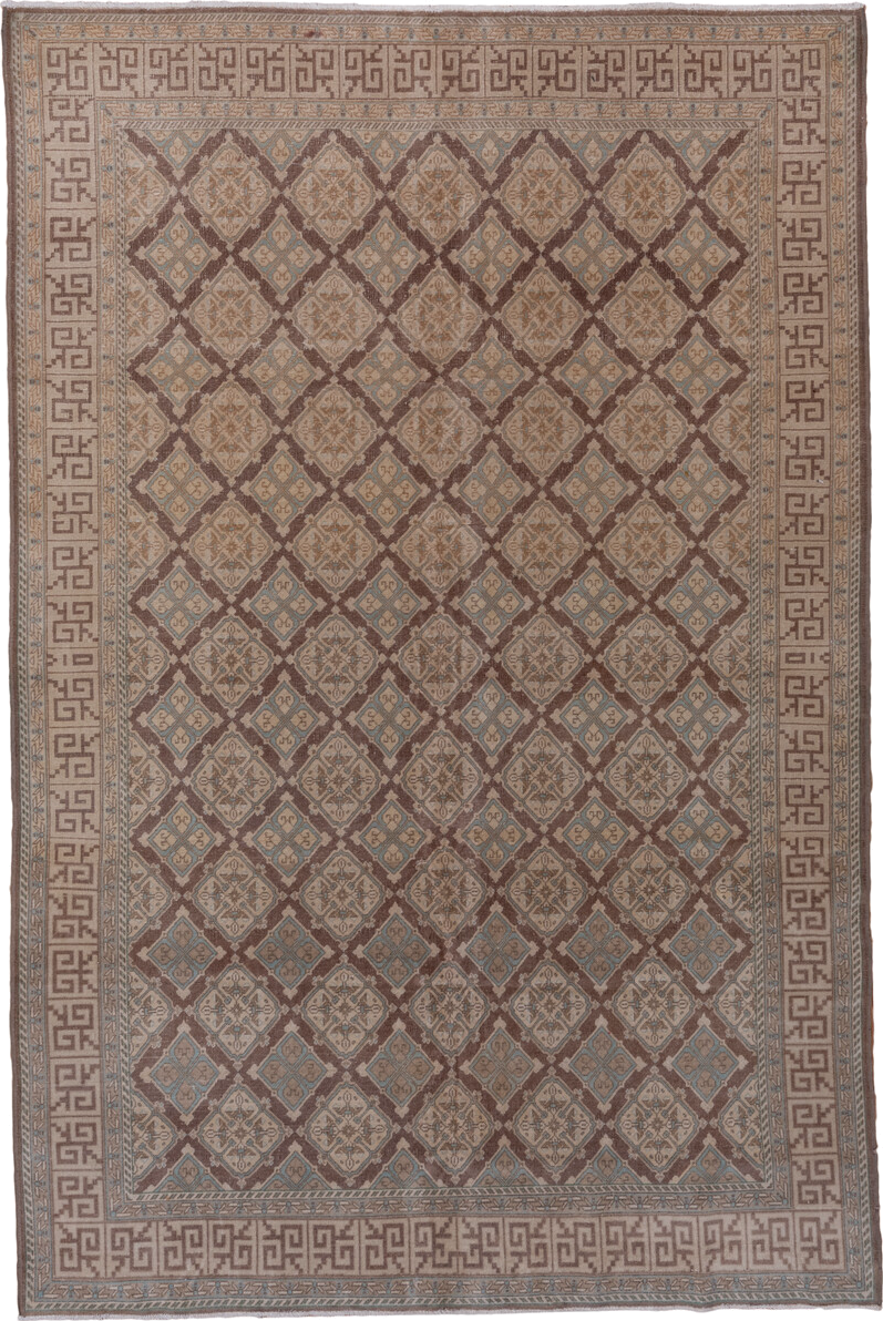 5' x 8' one-of-a-kind handmade vintage Sivas medium size rug. Color palette: taupe, camel, brown, dusty blue, ivory, rose