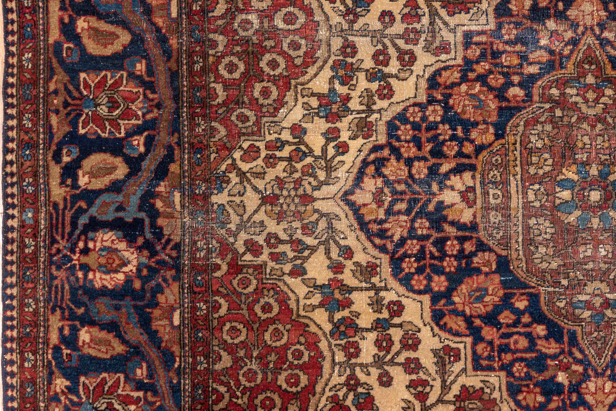 4' x 6' one-of-a-kind handmade antique Mohtasham Kashan small size rug. Color palette: ivory, navy, rust, brown, burgundy