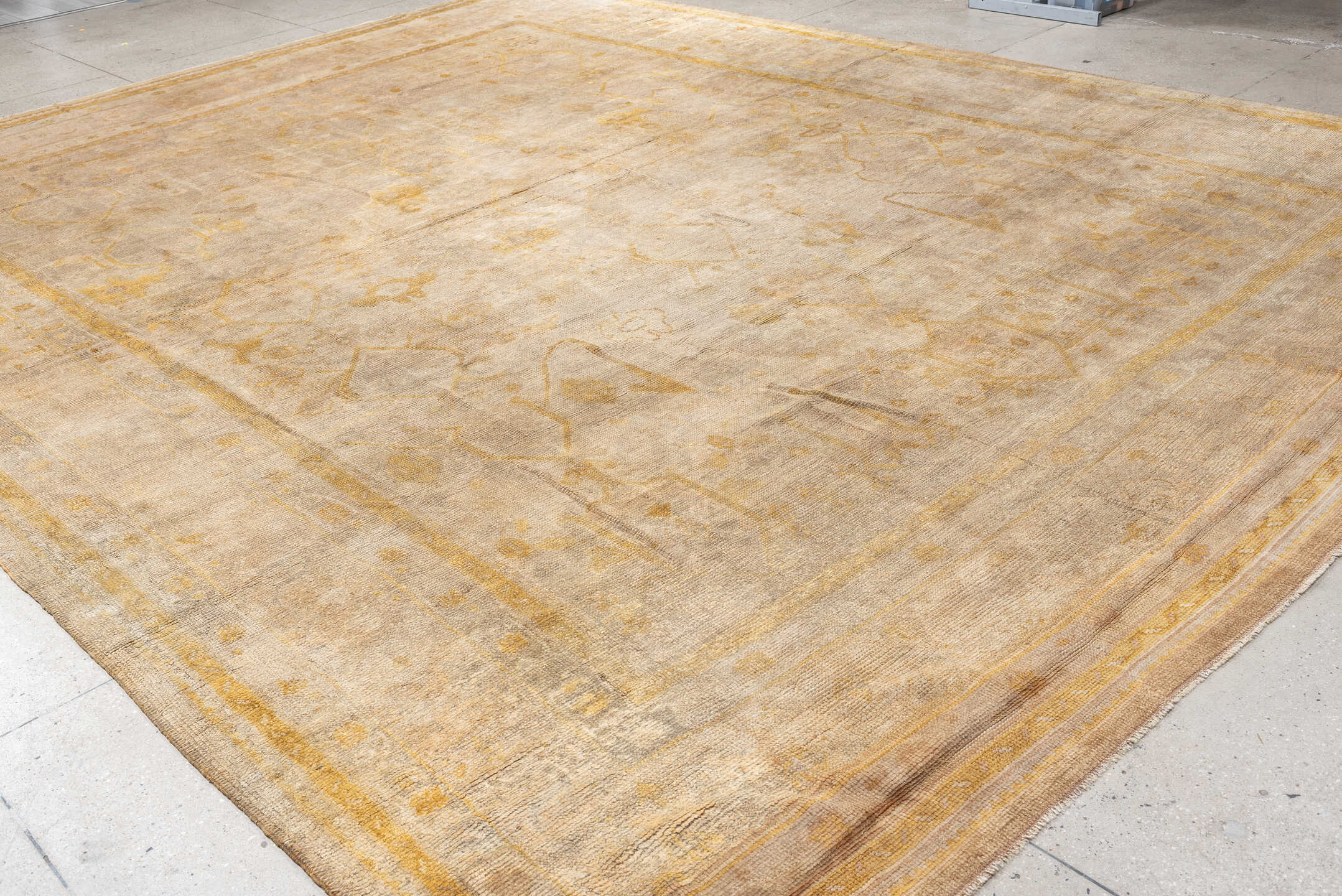12' x 16' one-of-a-kind handmade antique Oushak oversize rug. Color palette: ivory, sand, gold, beige, taupe, pale sage