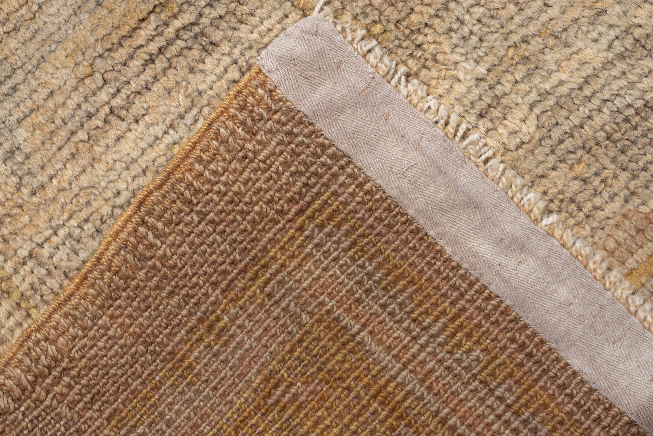 12' x 16' one-of-a-kind handmade antique Oushak oversize rug. Color palette: ivory, sand, gold, beige, taupe, pale sage