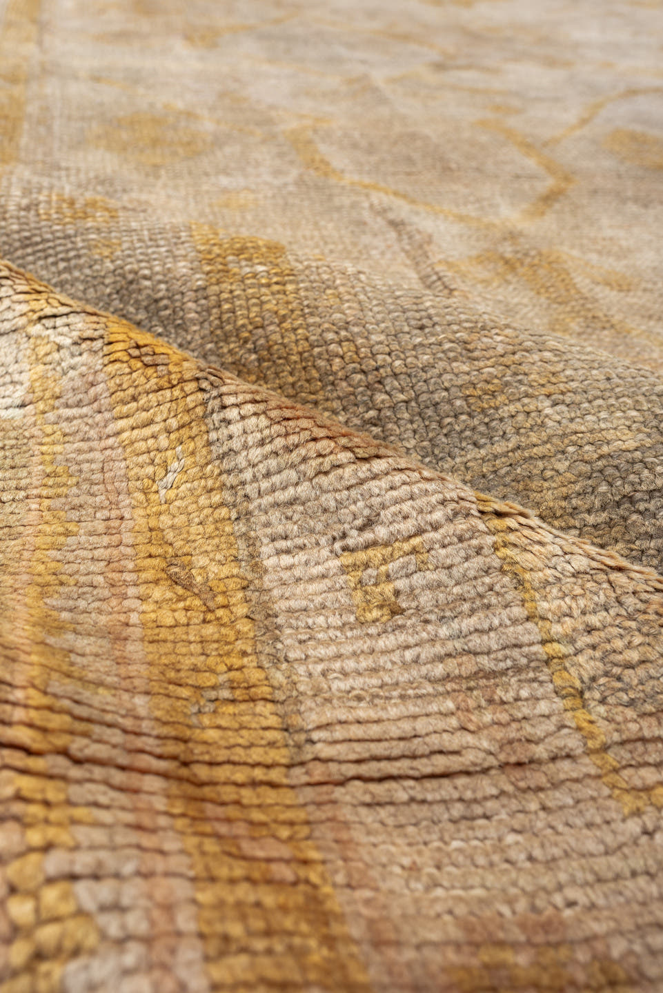 12' x 16' one-of-a-kind handmade antique Oushak oversize rug. Color palette: ivory, sand, gold, beige, taupe, pale sage
