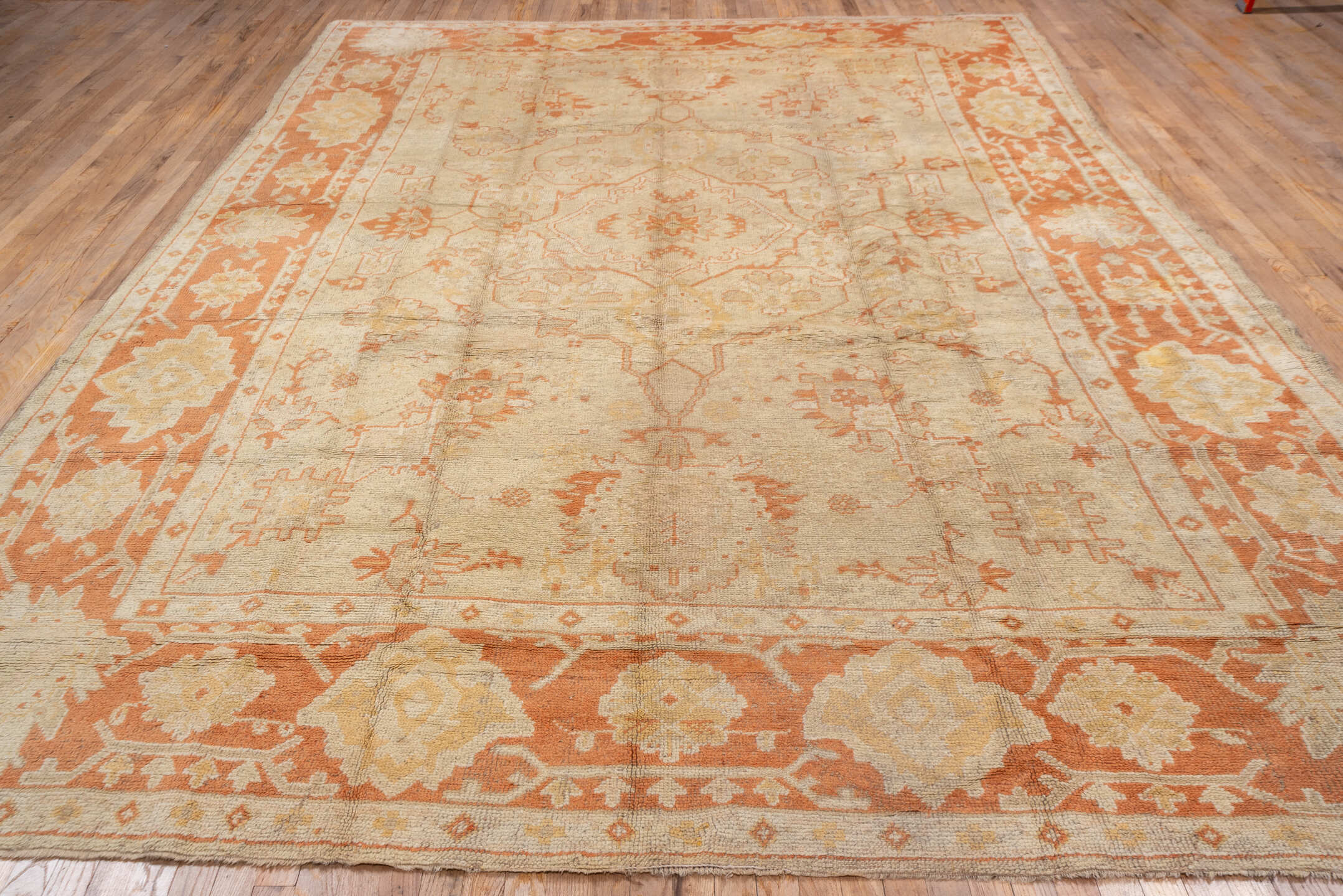 9' x 13' one-of-a-kind handmade antique Oushak large size rug. Color palette: ivory, terra cotta, cream, peach, beige