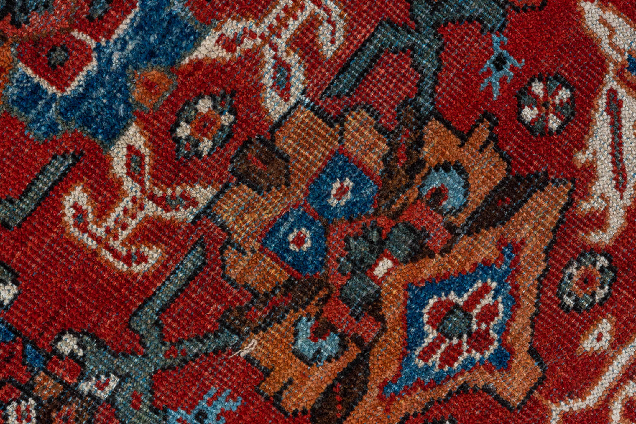 8' x 12' one-of-a-kind handmade vintage Mahal large size rug. Color palette: rust, ivory, navy, sky blue, terra cotta, camel