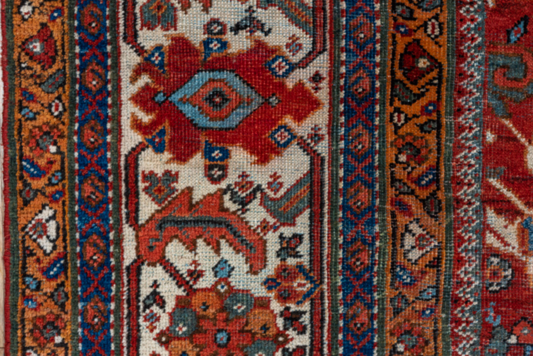 8' x 12' one-of-a-kind handmade vintage Mahal large size rug. Color palette: rust, ivory, navy, sky blue, terra cotta, camel