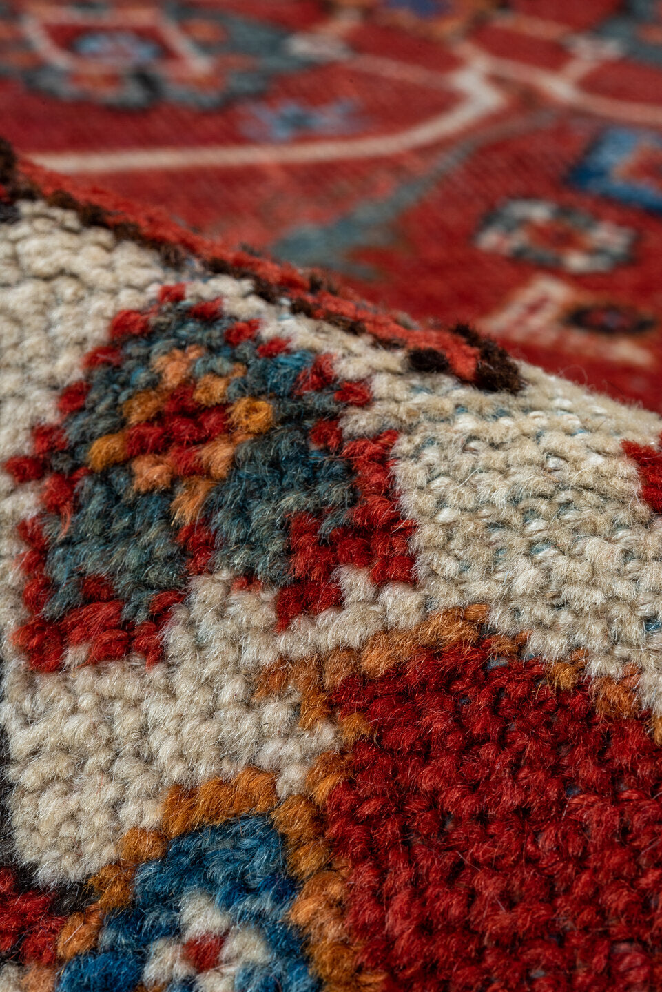 8' x 12' one-of-a-kind handmade vintage Mahal large size rug. Color palette: rust, ivory, navy, sky blue, terra cotta, camel