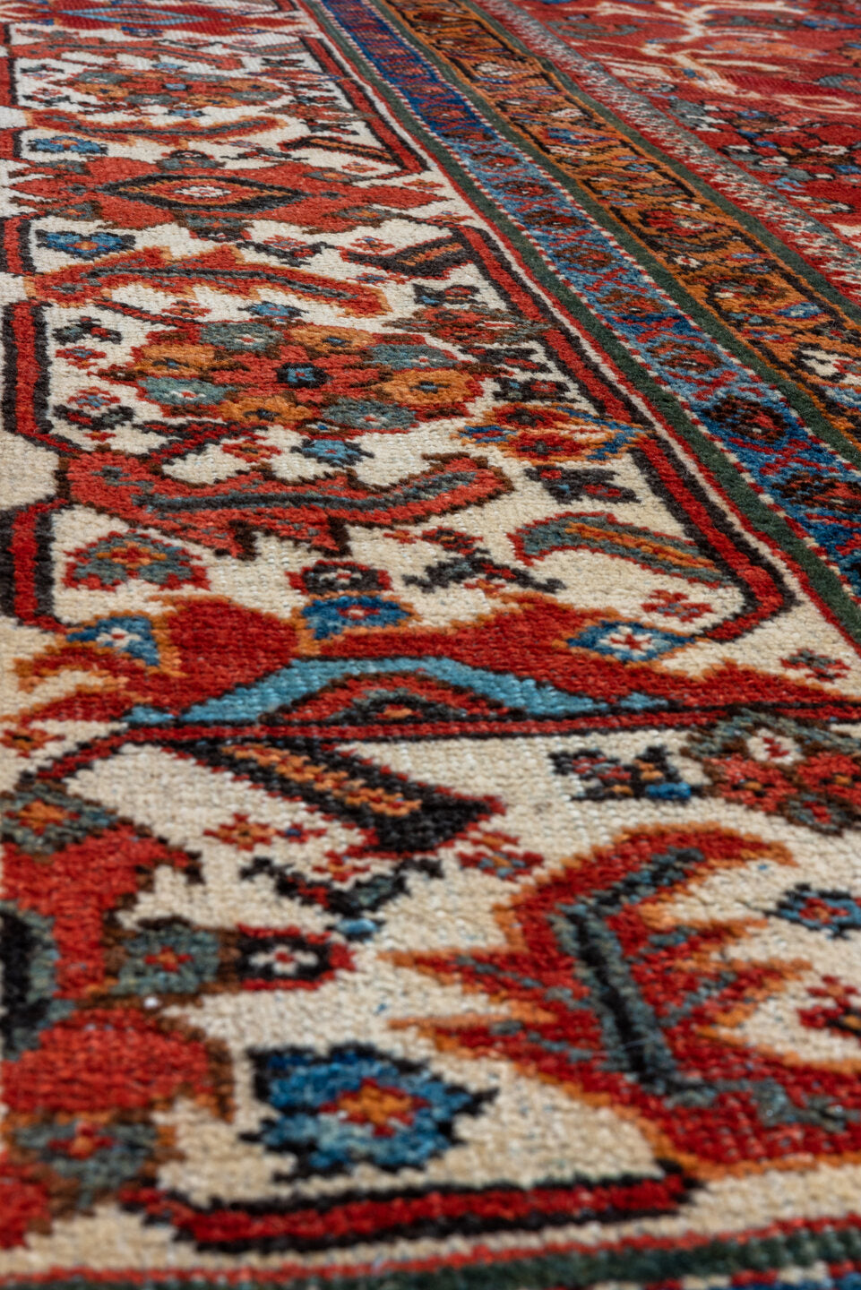 8' x 12' one-of-a-kind handmade vintage Mahal large size rug. Color palette: rust, ivory, navy, sky blue, terra cotta, camel