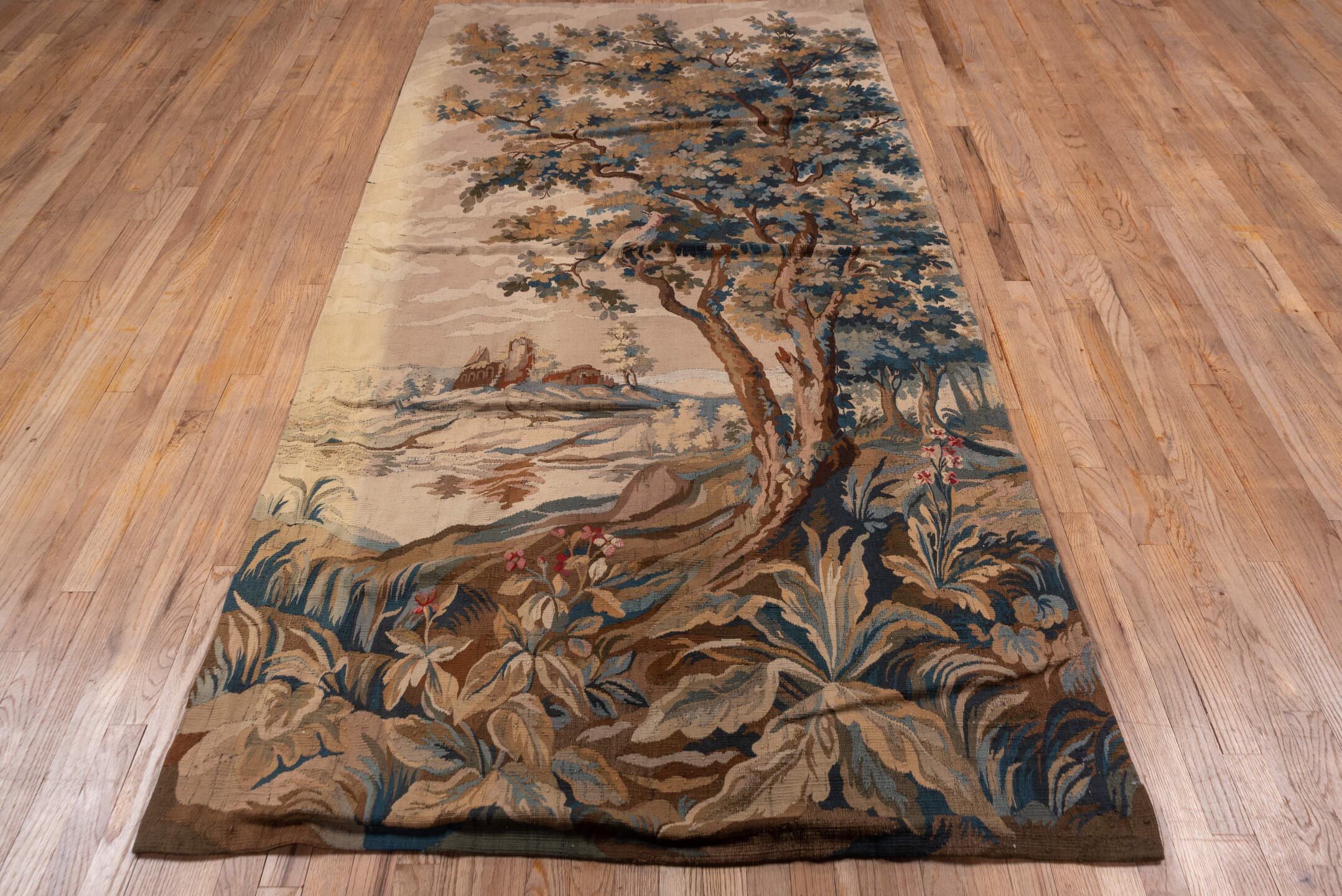 4' x 9' one-of-a-kind handmade antique Tapestry runner rug. Color palette: taupe, ivory, slate_blue, brown, camel, charcoal