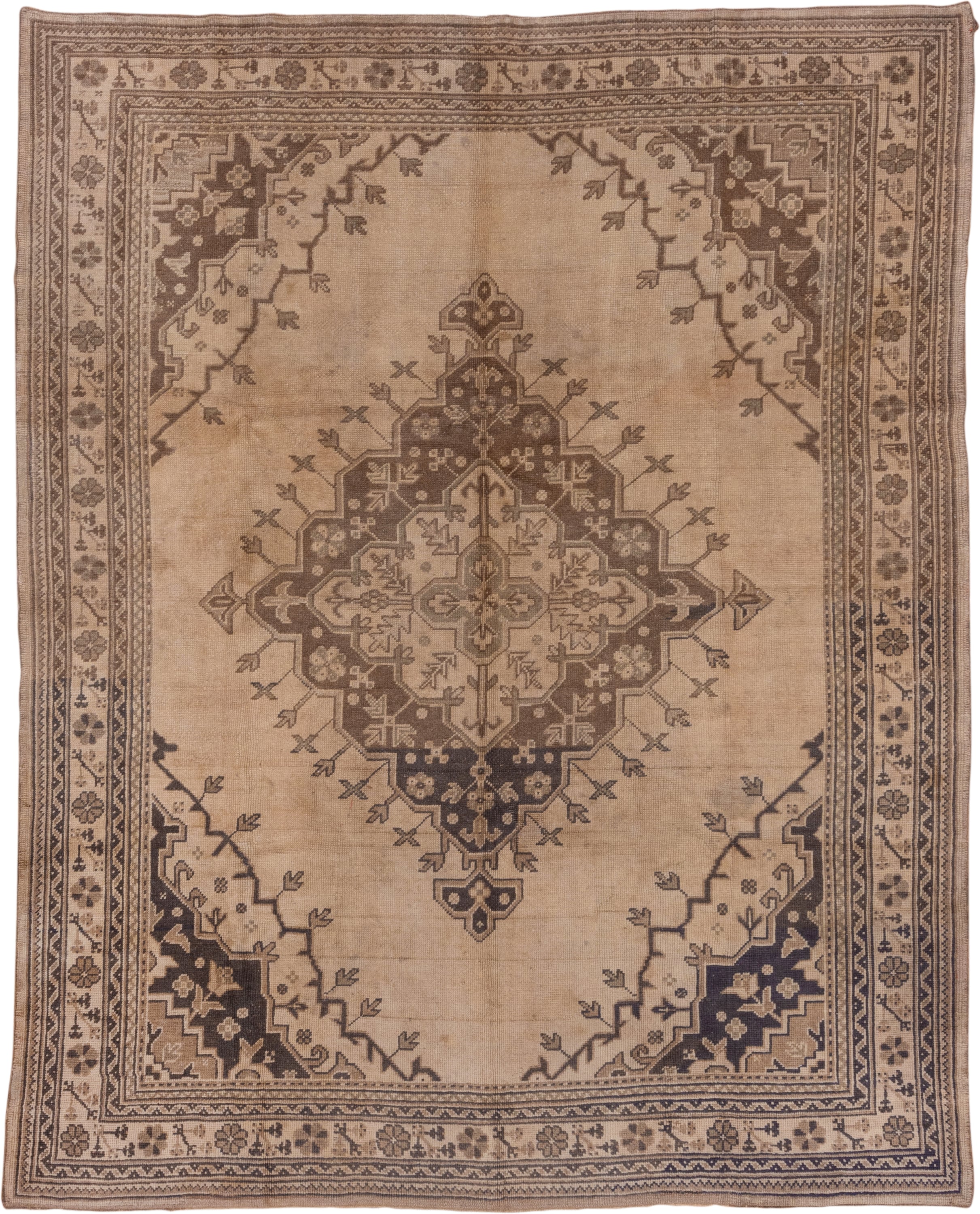 7' x 9' one-of-a-kind handmade vintage Oushak rug. Color palette: beige, taupe, brown, ivory, charcoal, gray, black