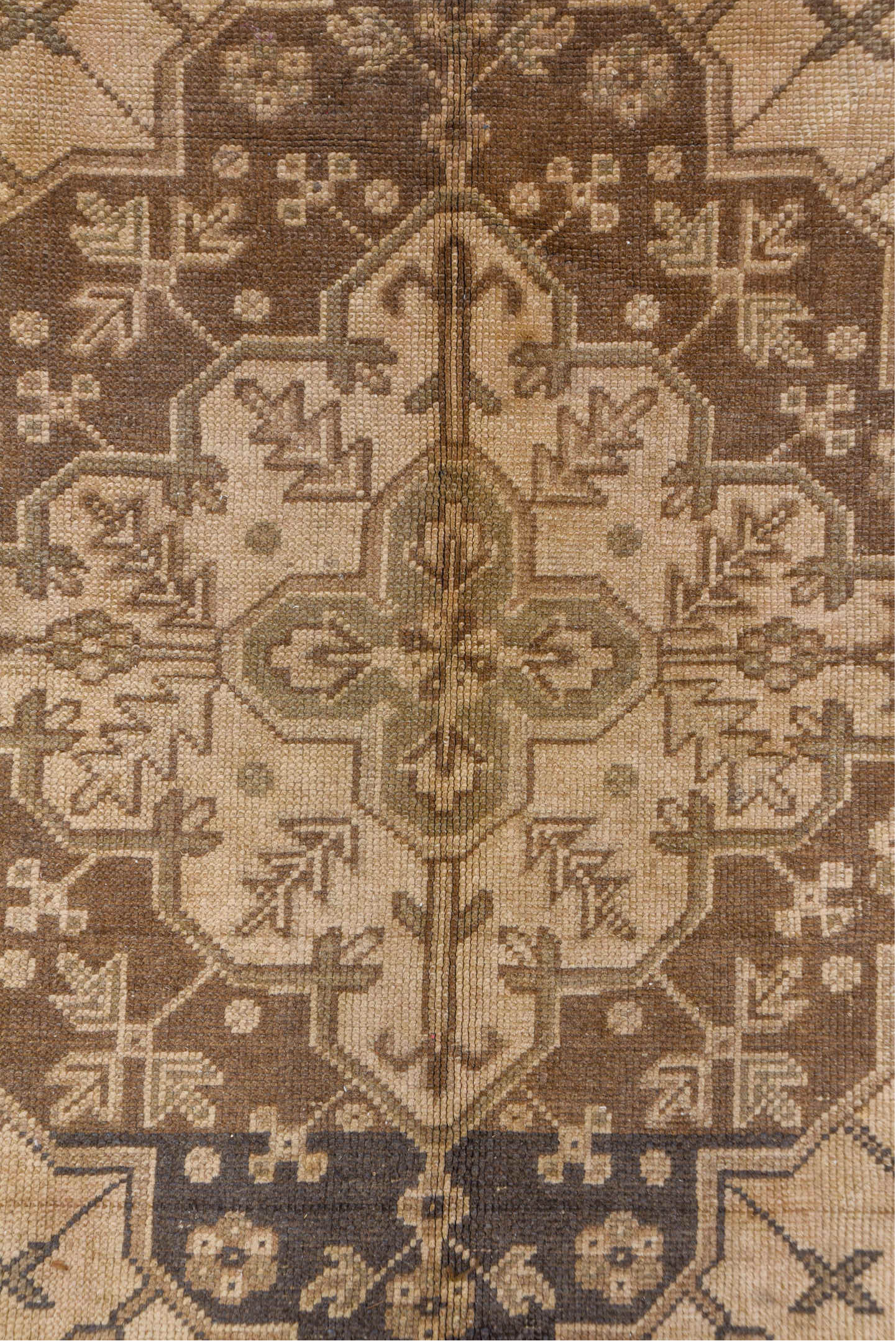 7' x 9' one-of-a-kind handmade vintage Oushak rug. Color palette: beige, taupe, brown, ivory, charcoal, gray, black