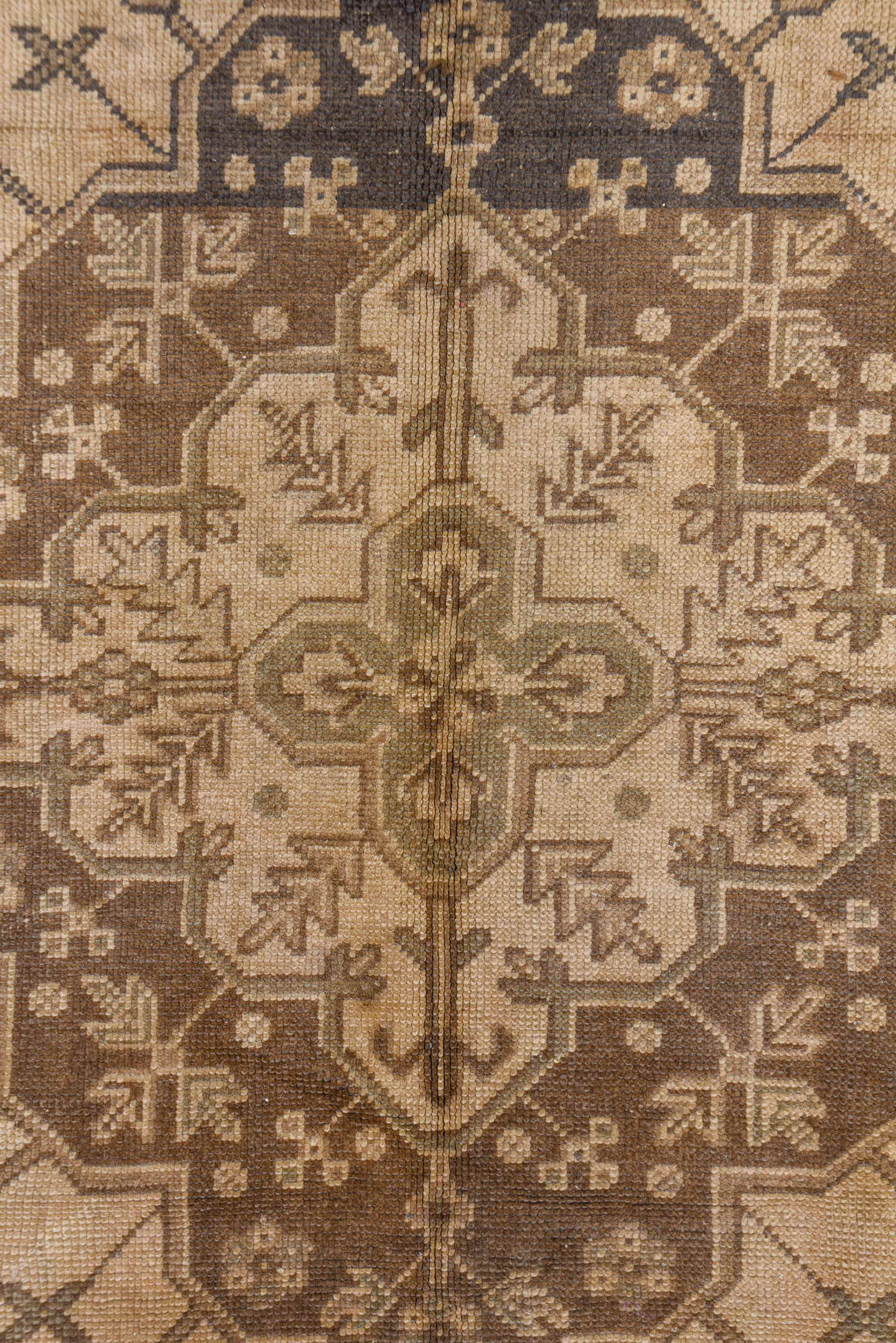 7' x 9' one-of-a-kind handmade vintage Oushak rug. Color palette: beige, taupe, brown, ivory, charcoal, gray, black
