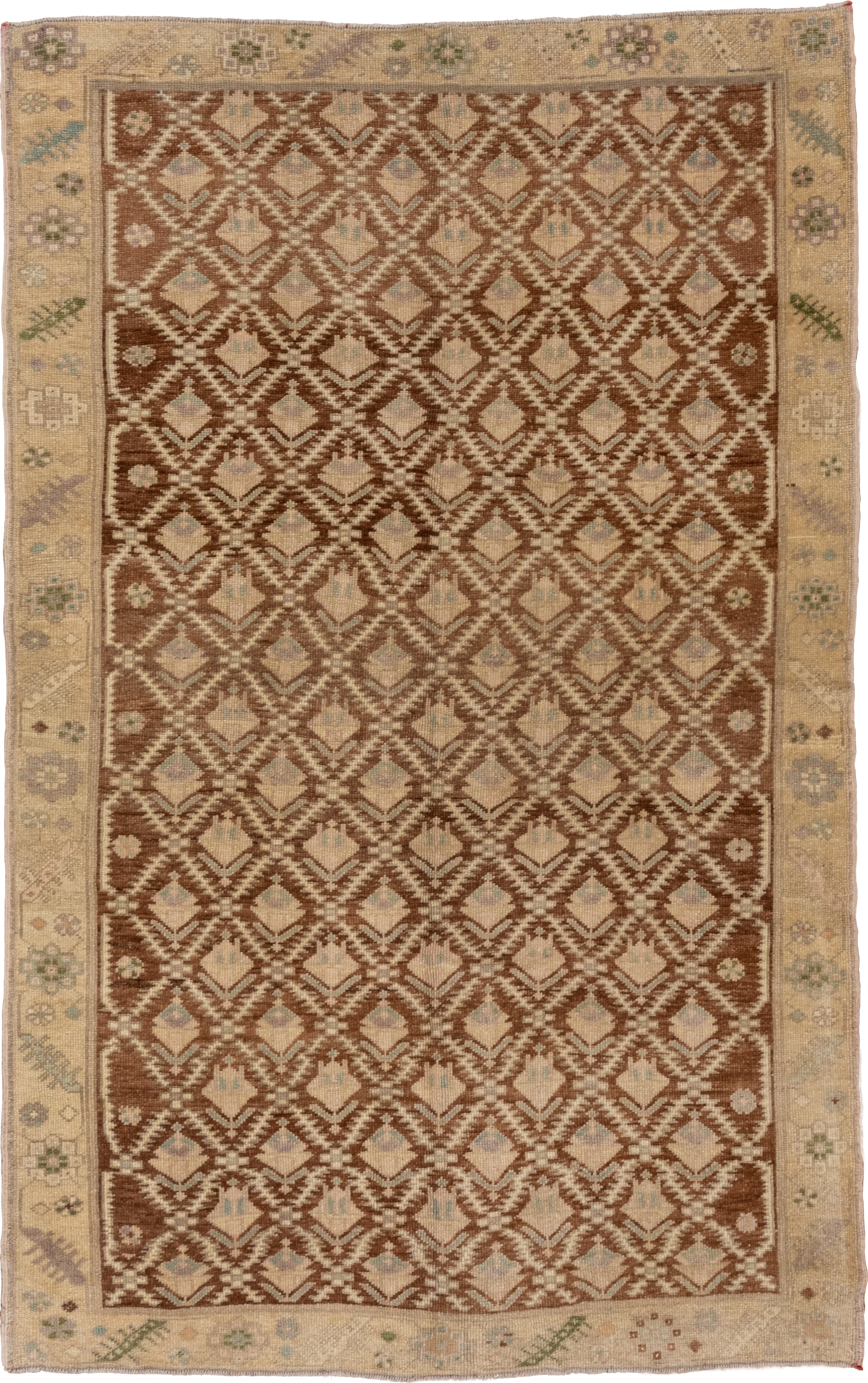 5' x 8' one-of-a-kind handmade vintage Oushak medium size rug. Color palette: brown, ivory, beige, sage, taupe, camel, green
