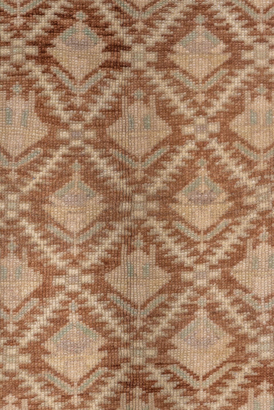 5' x 8' one-of-a-kind handmade vintage Oushak medium size rug. Color palette: brown, ivory, beige, sage, taupe, camel, green