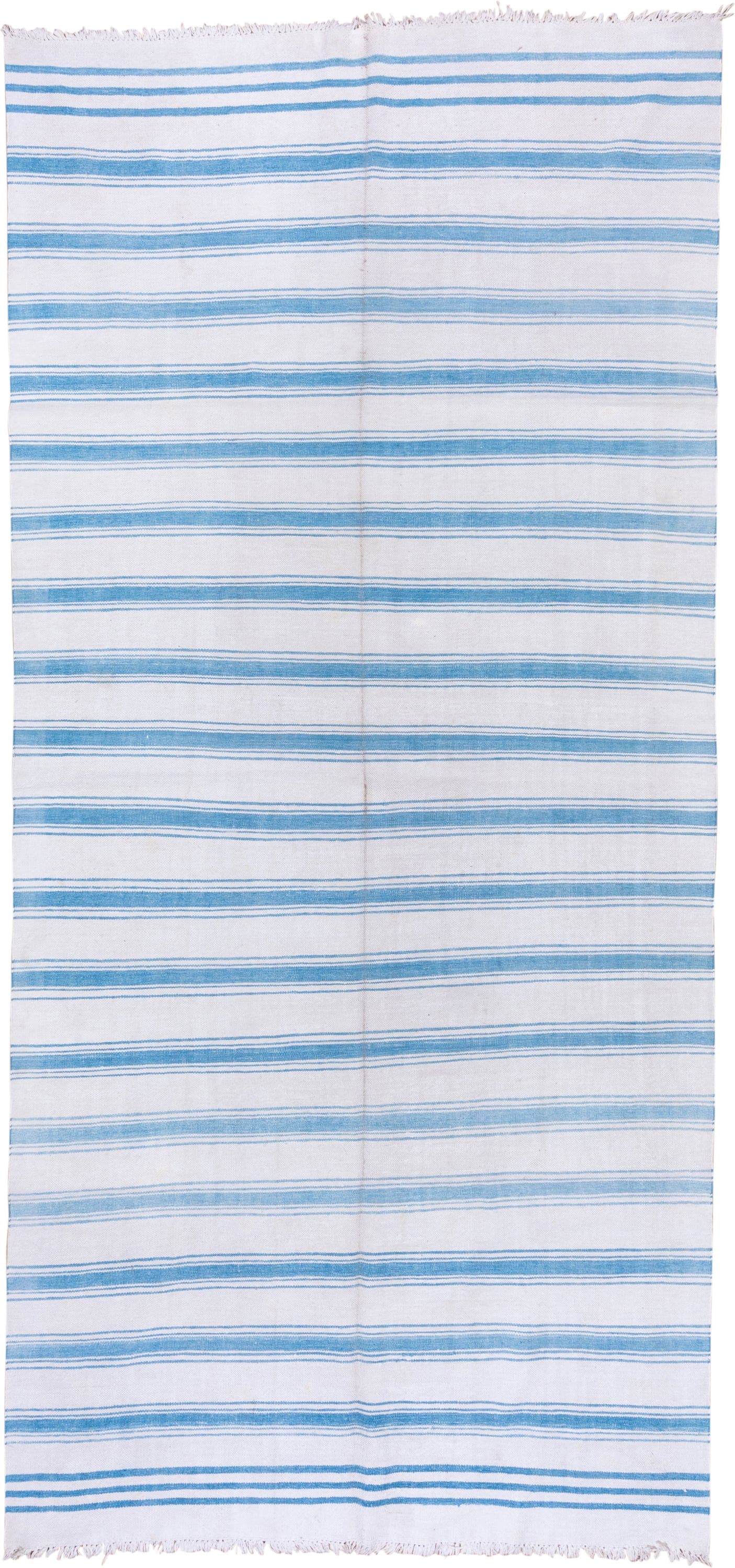 6' x 13' one-of-a-kind handmade vintage Dhurrie large size rug. Color palette: ivory, sky_blue, light blue