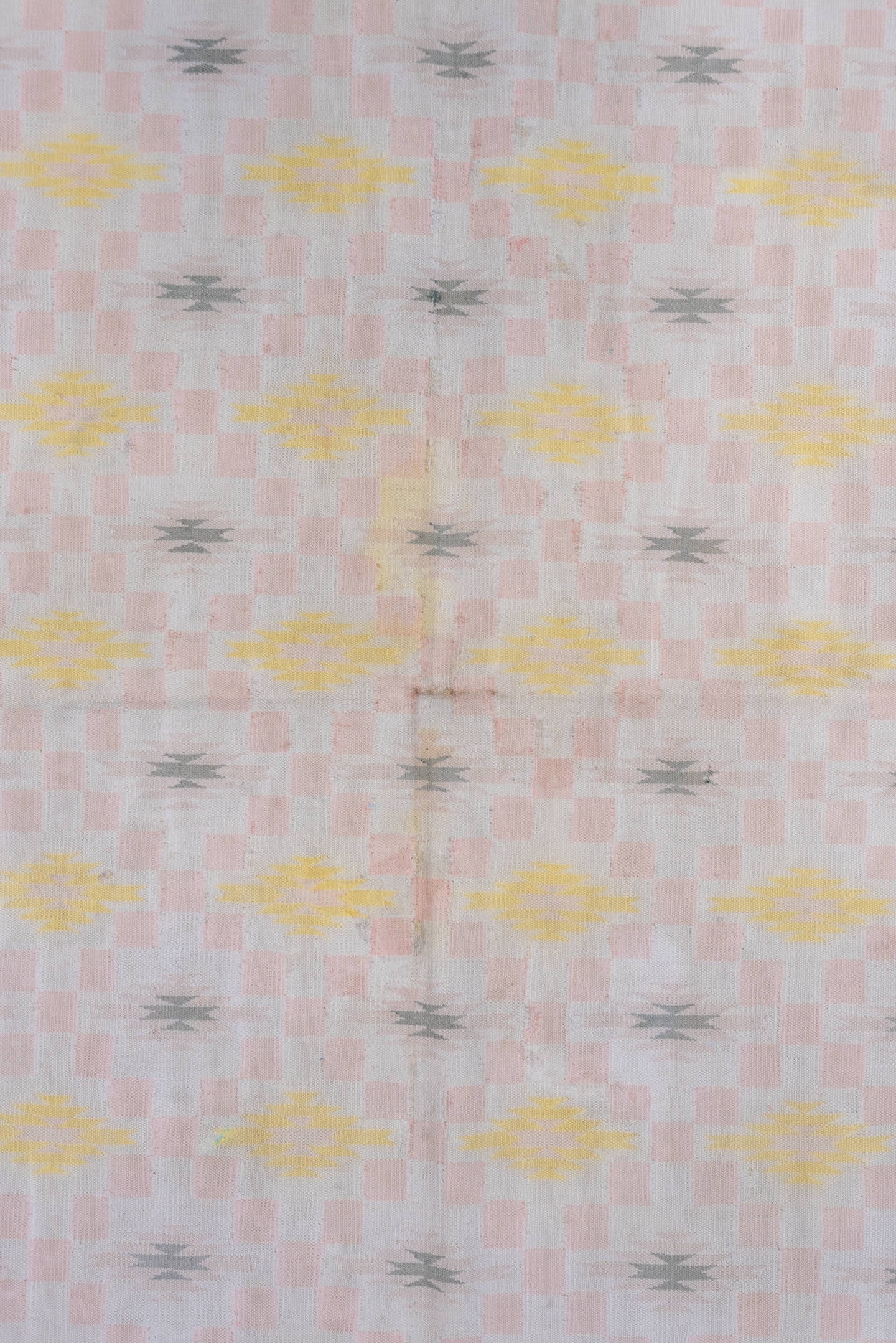 4' x 6' one-of-a-kind handmade vintage Cot Dhurrie small size rug. Color palette: blush, sky blue, ivory, pale yellow, gray