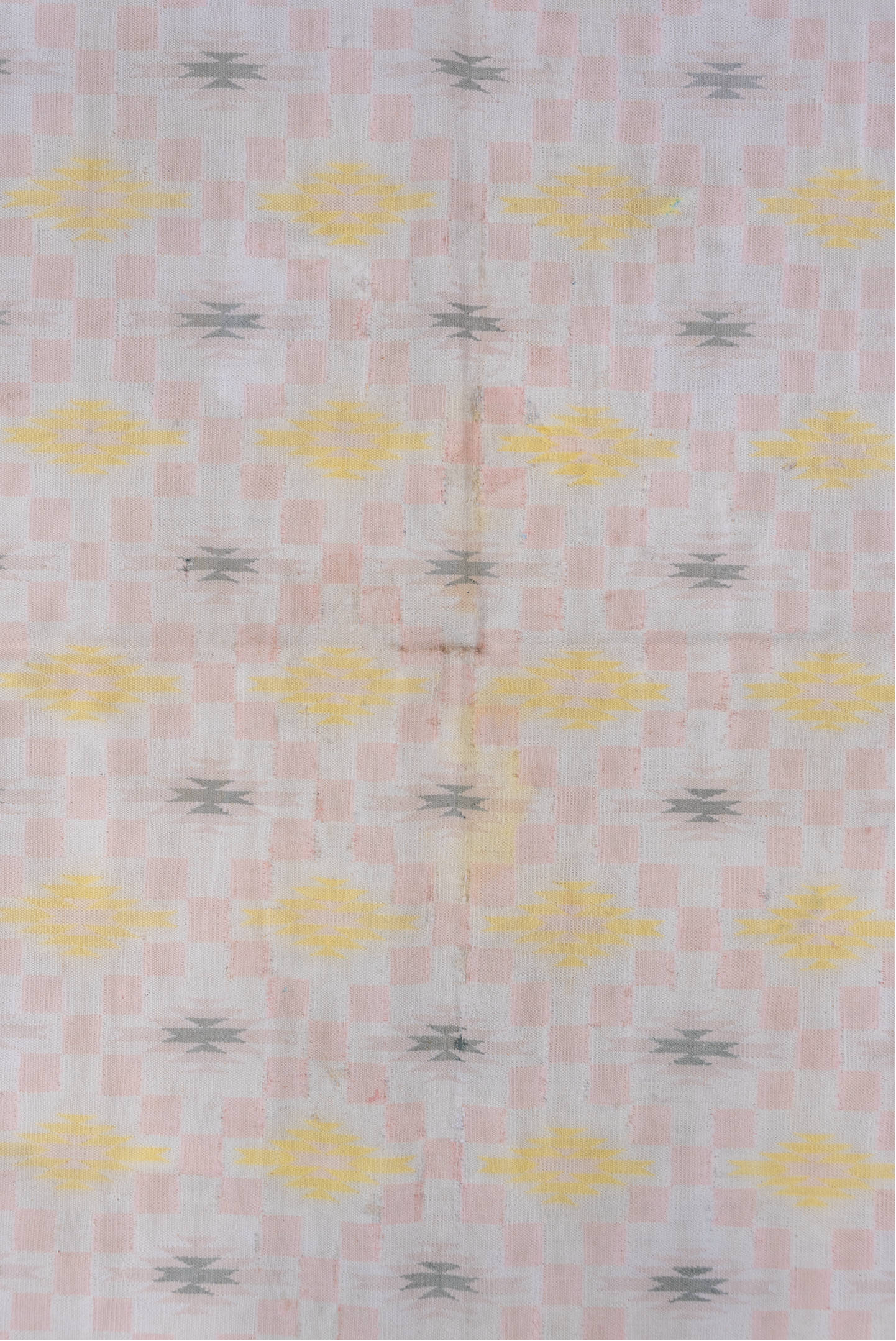 4' x 6' one-of-a-kind handmade vintage Cot Dhurrie small size rug. Color palette: blush, sky blue, ivory, pale yellow, gray