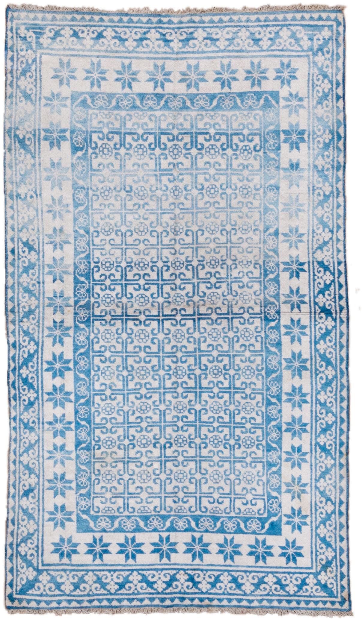 4' x 7' one-of-a-kind handmade vintage Cotton Agra rug. Color palette: ivory, sky blue, azure, slate blue, light blue