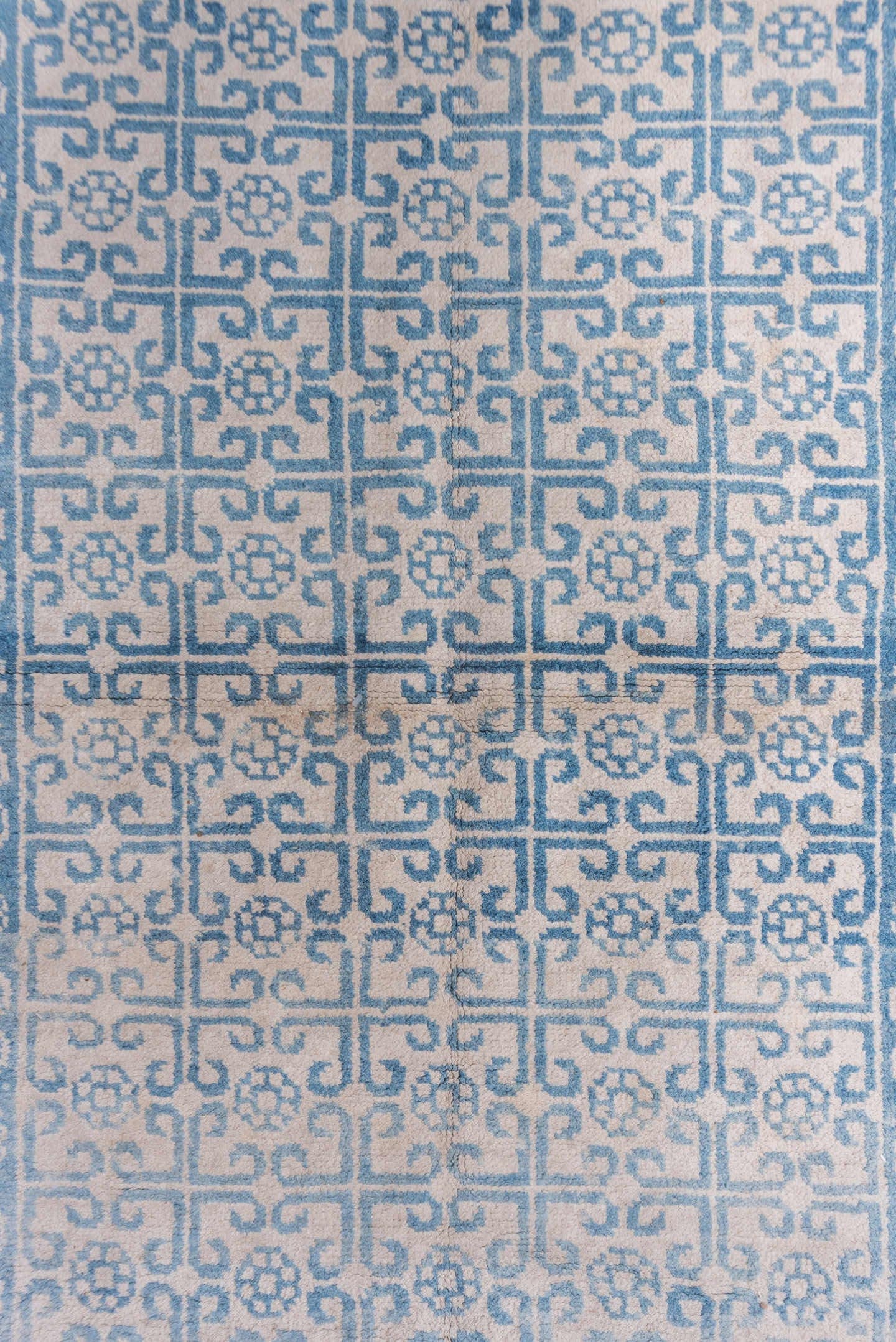 4' x 7' one-of-a-kind handmade vintage Cotton Agra rug. Color palette: ivory, sky blue, azure, slate blue, light blue