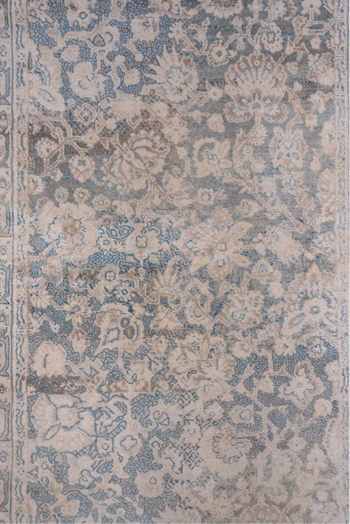 3' x 19' one-of-a-kind handmade antique Cotton Agra runner rug. Color palette: ivory, pale blue, taupe, rust, beige, slate