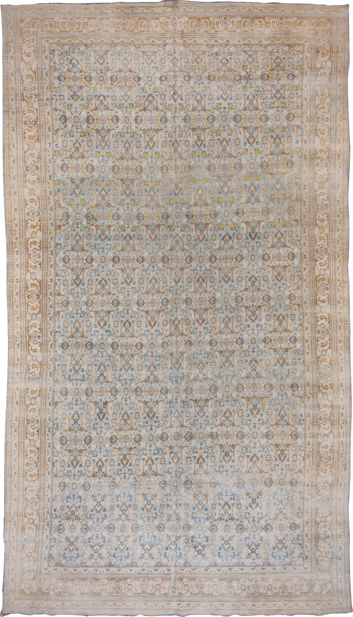 9' x 17' one-of-a-kind handmade vintage Agra rug. Color palette: blue, brown, dark gray, gray, light gray, off-white, orange