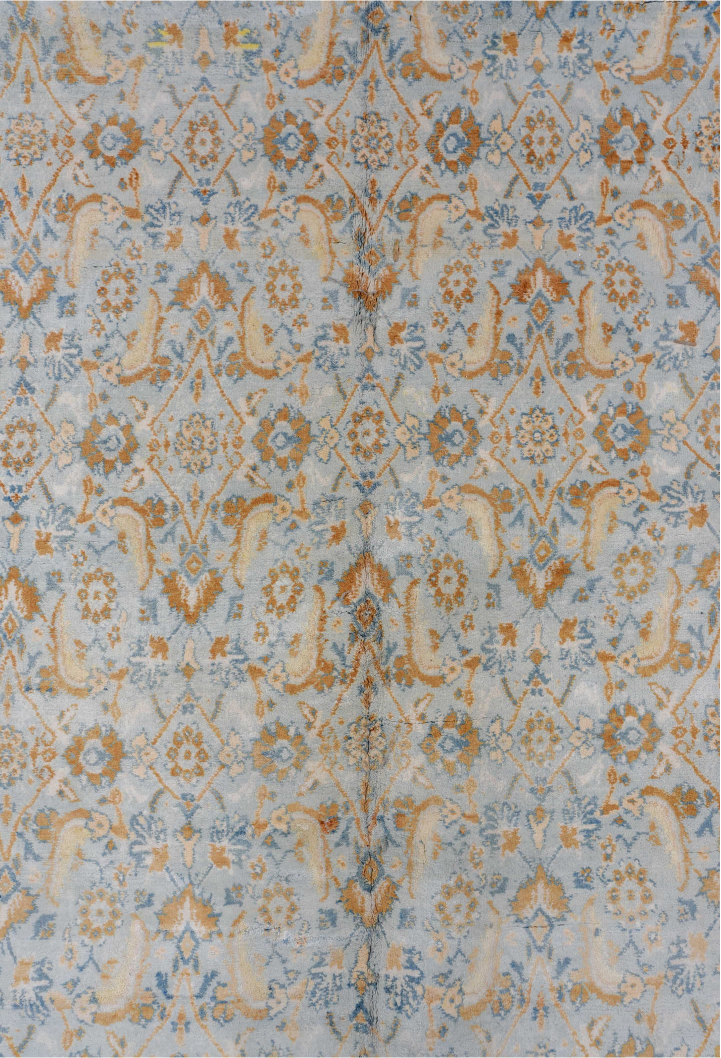 9' x 17' one-of-a-kind handmade vintage Agra rug. Color palette: blue, brown, dark gray, gray, light gray, off-white, orange