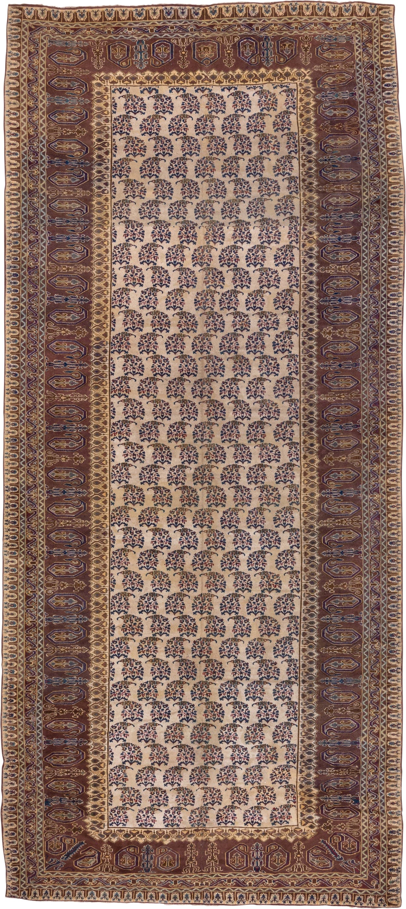 9' x 24' one-of-a-kind handmade vintage Amritzar rug. Color palette: ivory, brown, navy, taupe, rust, gold, blue, beige