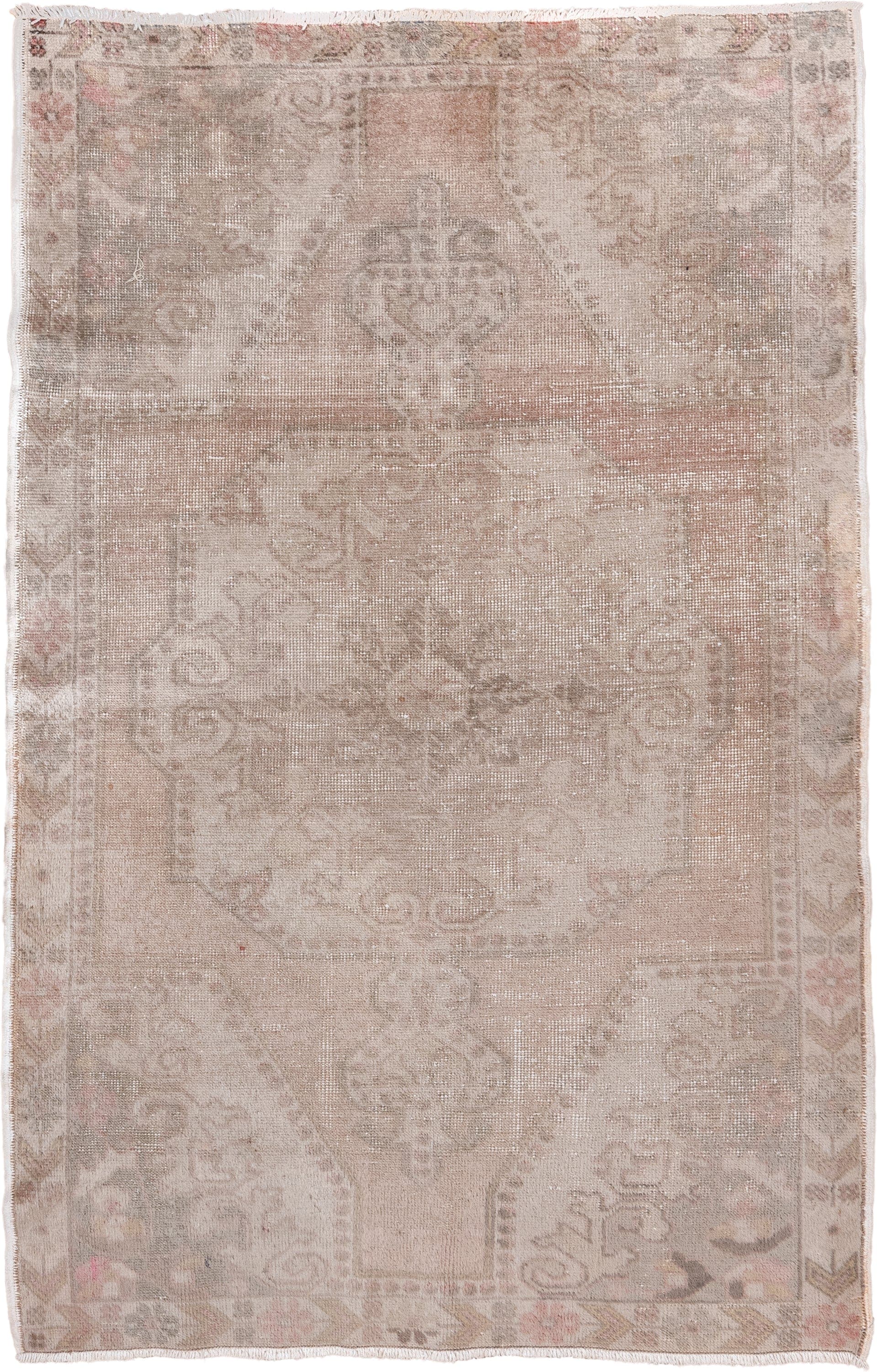 4' x 7' one-of-a-kind handmade vintage Oushak rug. Color palette: blush, taupe, ivory, beige, rose, camel, sage, pink, gray