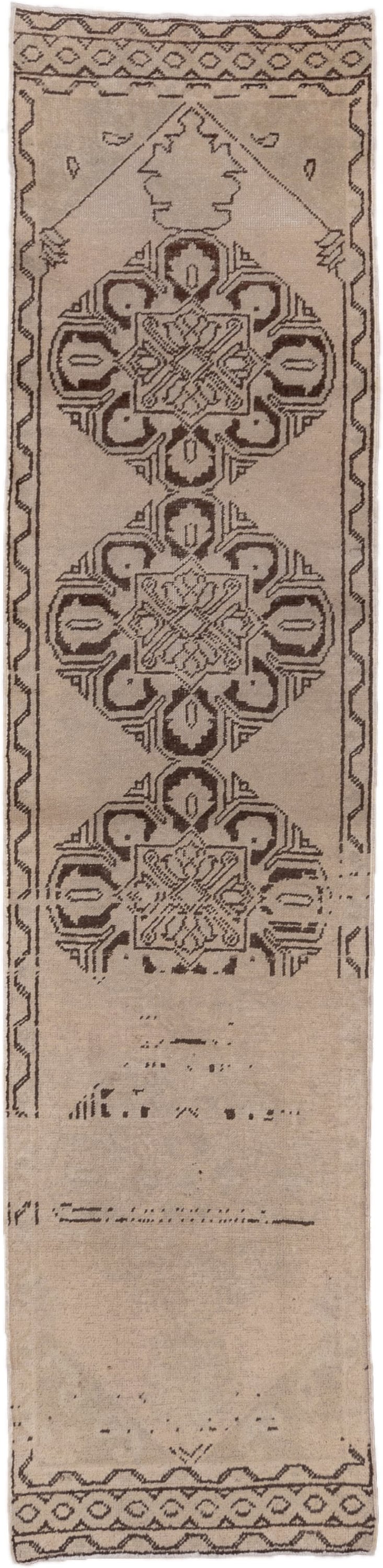 2' x 10' one-of-a-kind handmade vintage Oushak runner rug. Color palette: beige, taupe, charcoal, ivory, gray, black