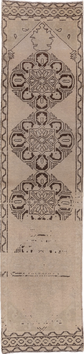 2' x 10' one-of-a-kind handmade vintage Oushak runner rug. Color palette: brown, gray, light gray, off-white, pink, snow