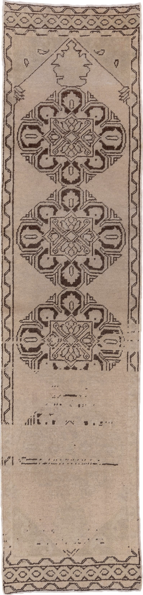 2' x 10' one-of-a-kind handmade vintage Oushak runner rug. Color palette: brown, gray, light gray, off-white, pink, snow