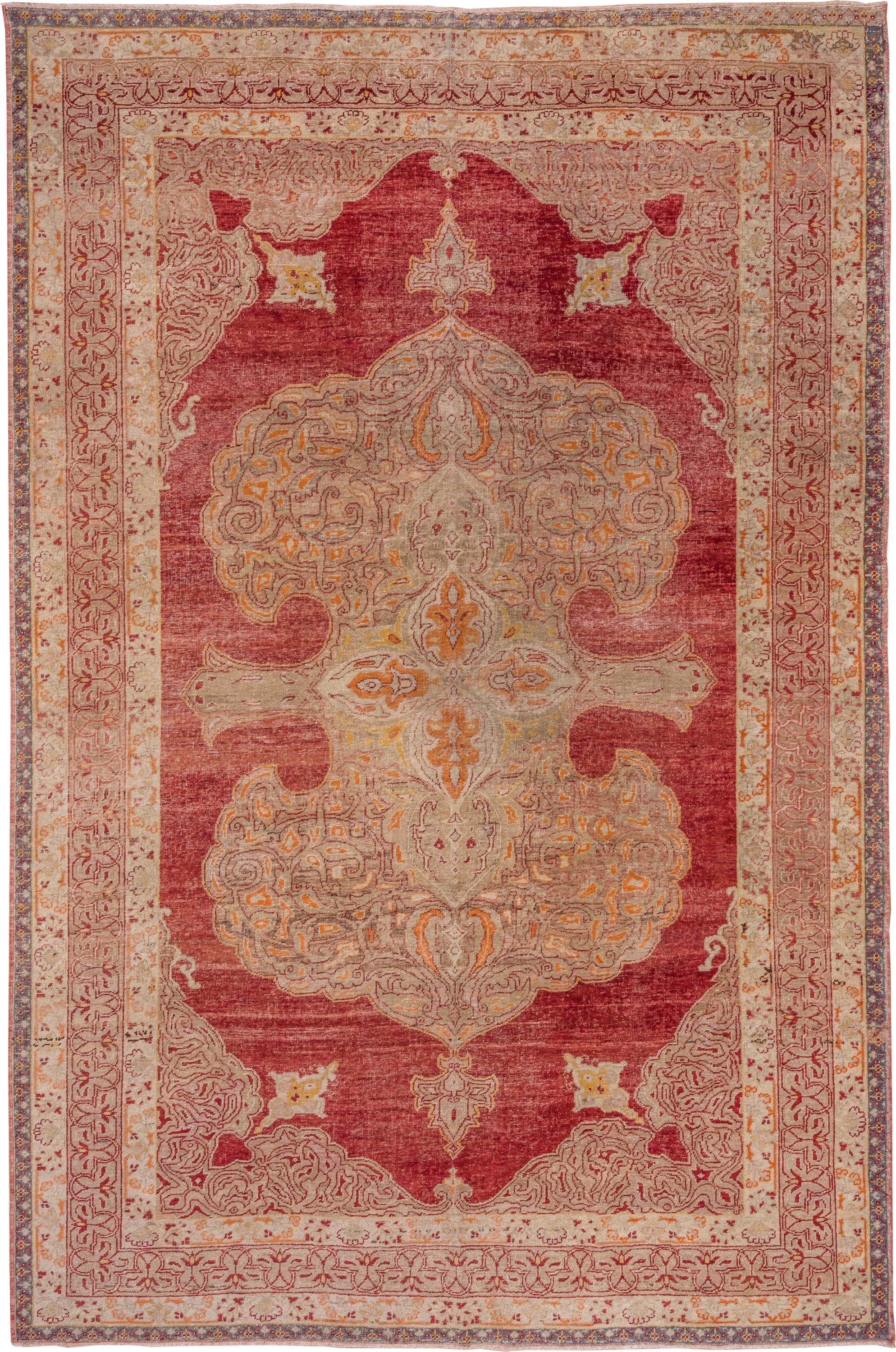 9' x 13' one-of-a-kind handmade vintage Oushak large size rug. Color palette: rose, ivory, peach, gold, rust, slate, pink