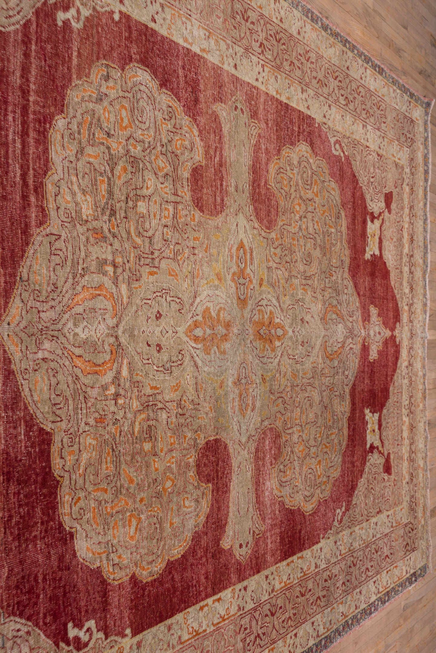 9' x 13' one-of-a-kind handmade vintage Oushak large size rug. Color palette: rose, ivory, peach, gold, rust, slate, pink