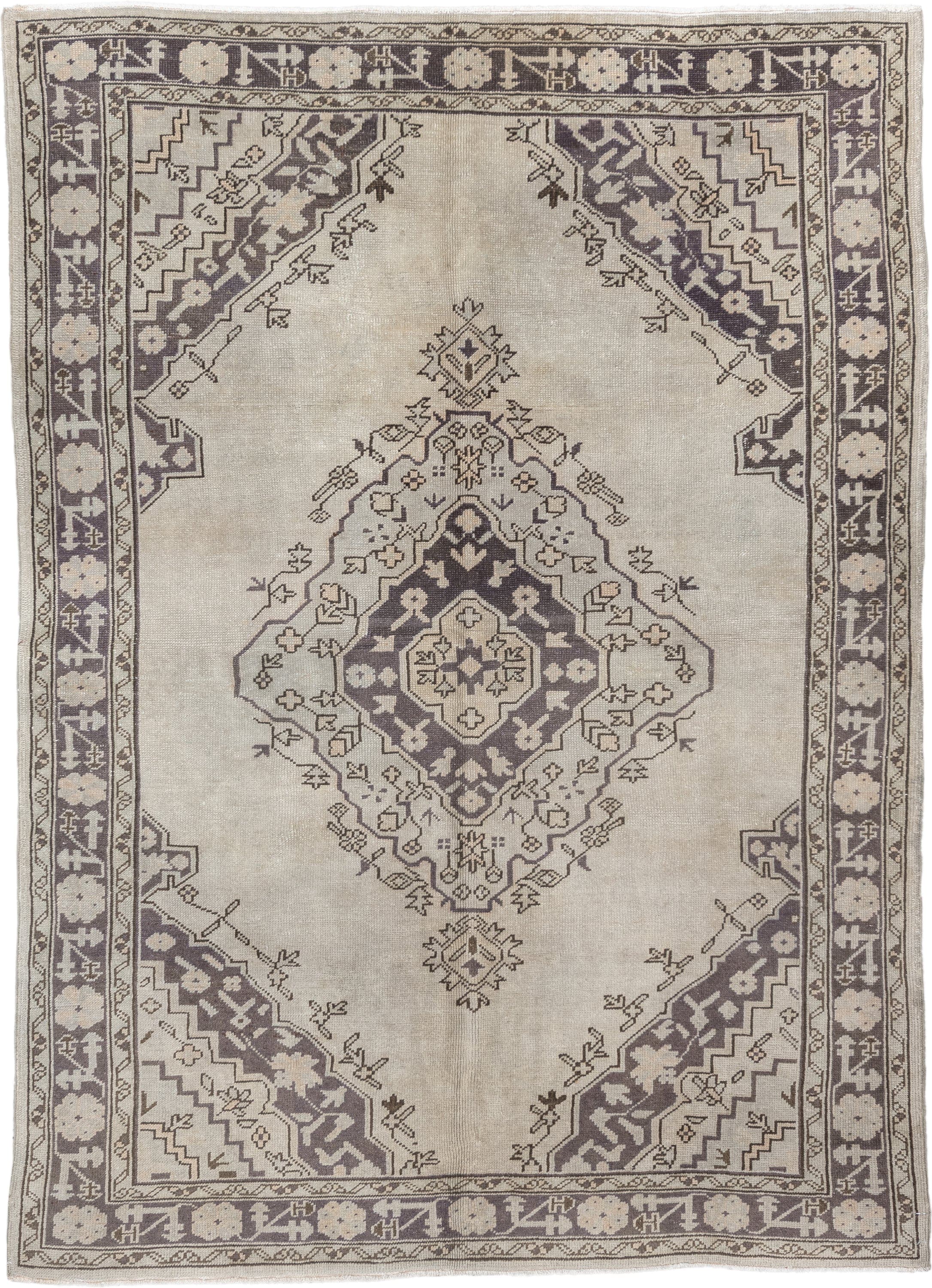 6' x 8' one-of-a-kind handmade vintage Oushak medium size rug. Color palette: ivory, taupe, charcoal, stone, greige, beige