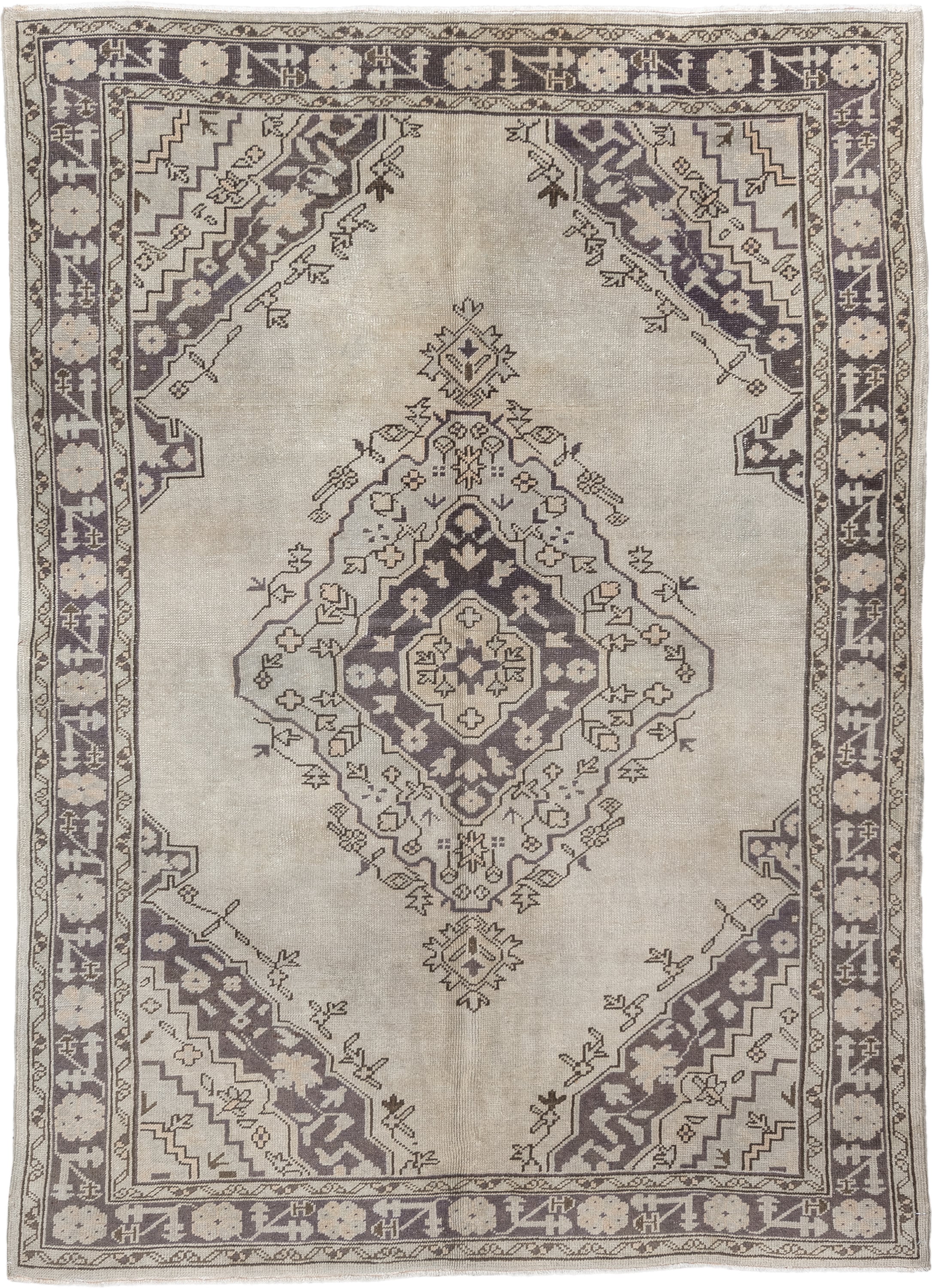6' x 8' one-of-a-kind handmade vintage Oushak medium size rug. Color palette: ivory, taupe, charcoal, stone, greige, beige