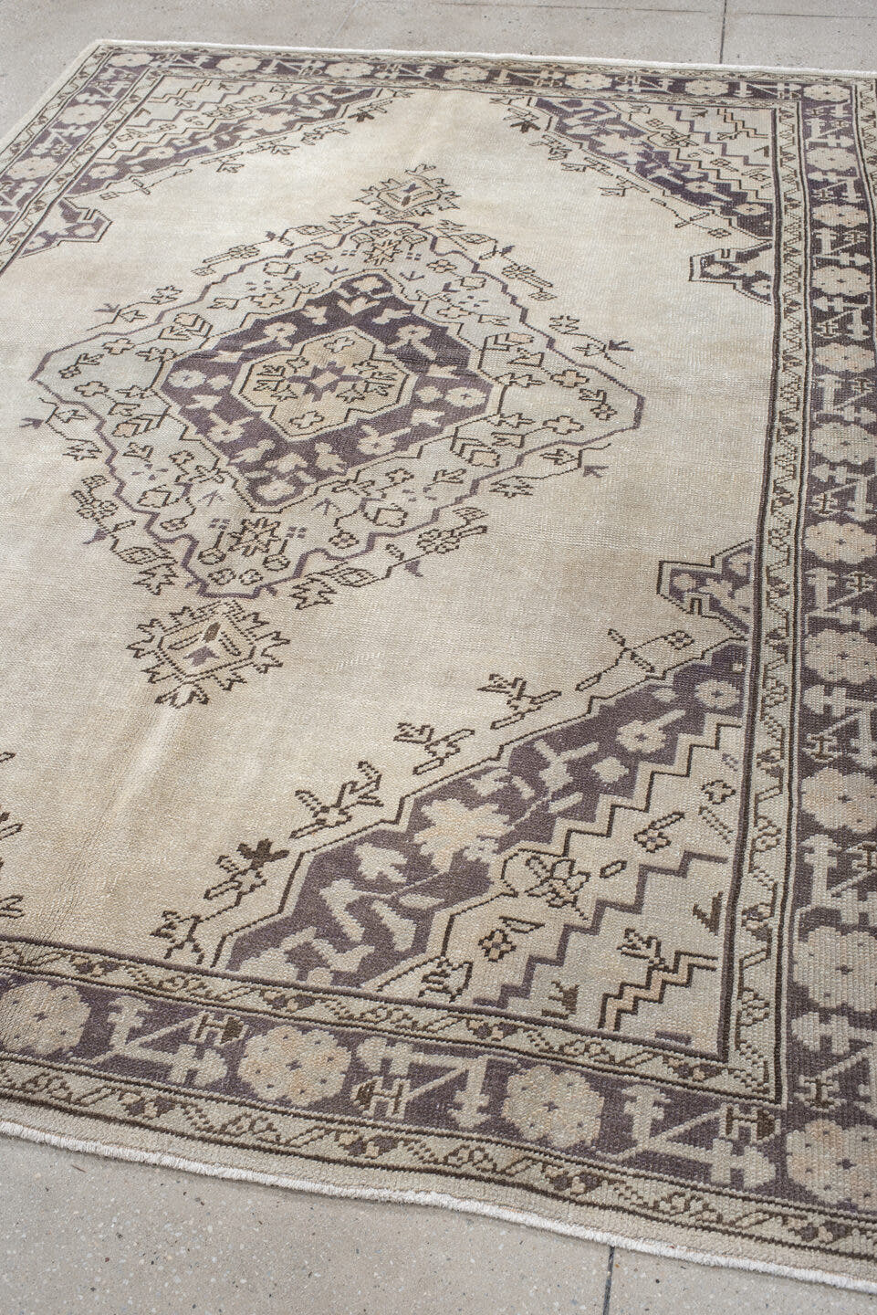 6' x 8' one-of-a-kind handmade vintage Oushak medium size rug. Color palette: ivory, taupe, charcoal, stone, greige, beige