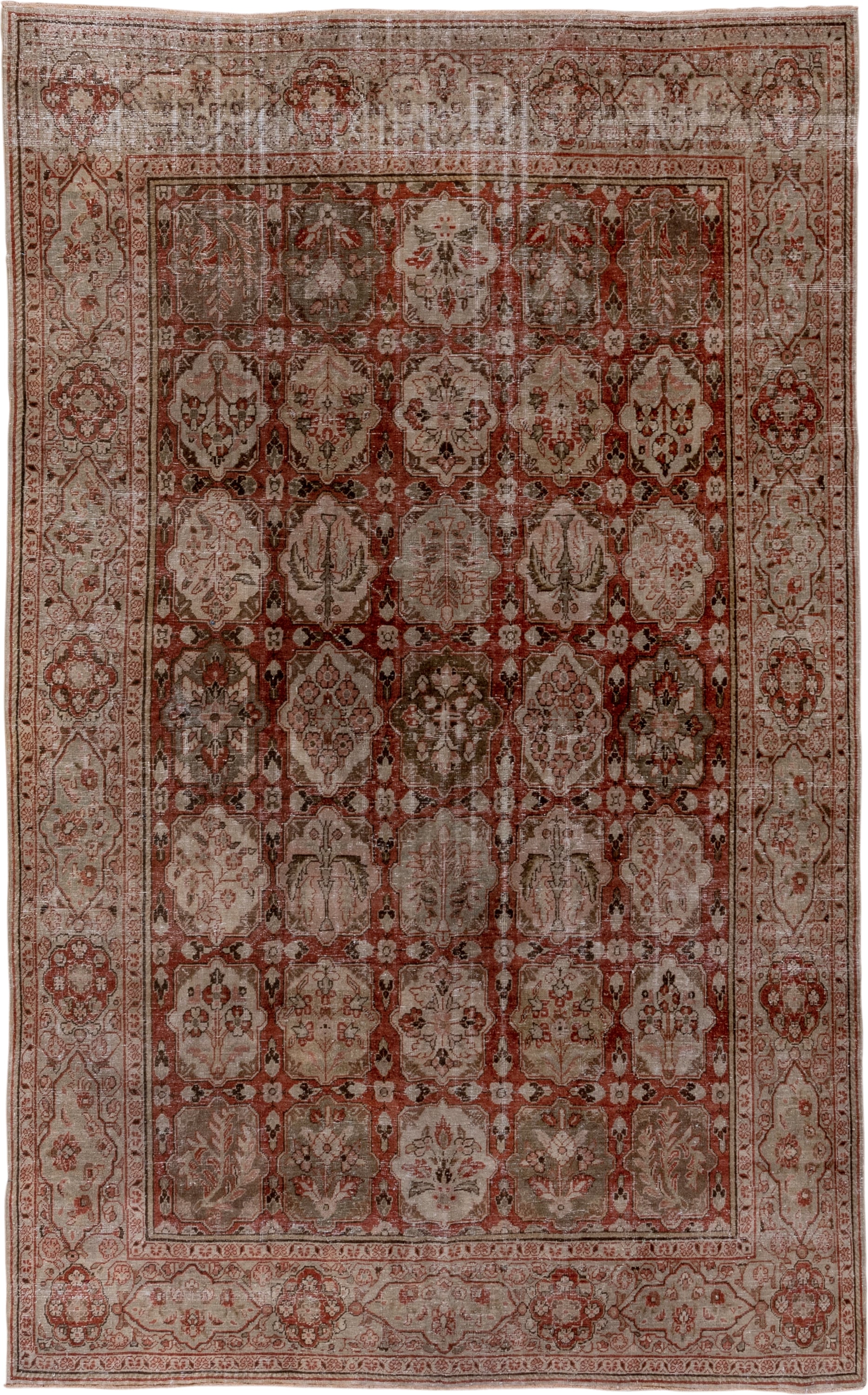 6' x 10' one-of-a-kind handmade antique Tabriz large size rug. Color palette: rust, ivory, taupe, olive, brown, rose