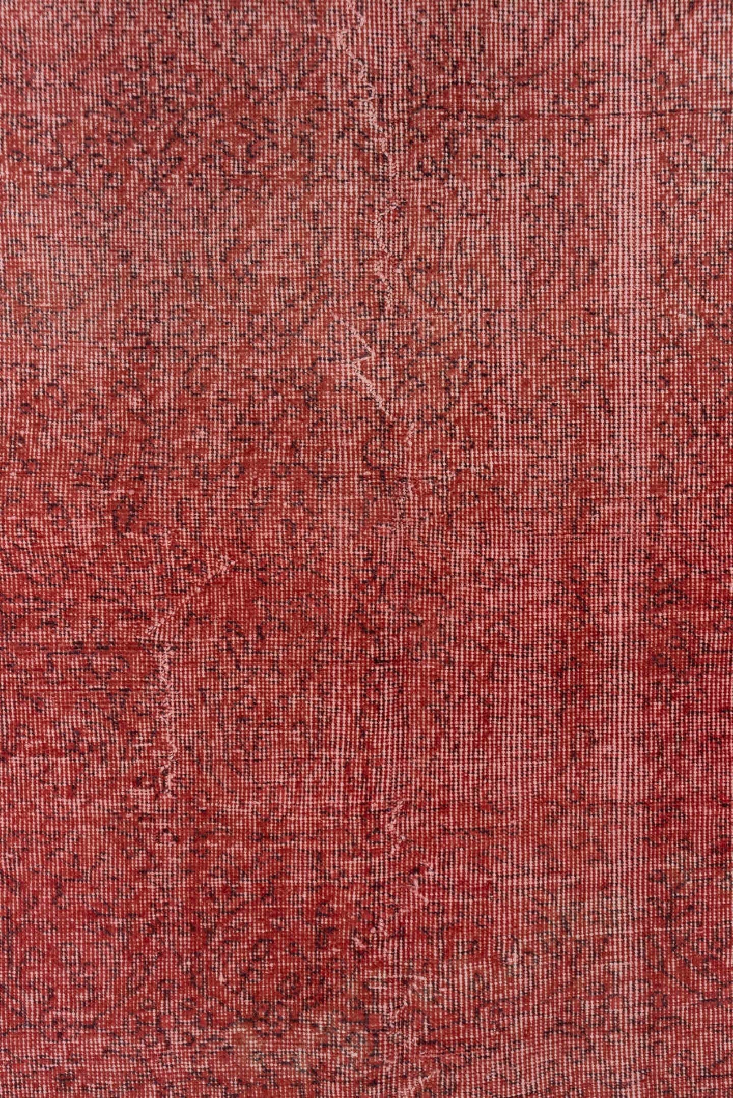 6' x 9' one-of-a-kind handmade vintage Overdyed medium size rug. Color palette: rose, dusty coral, terra cotta, blush, brick