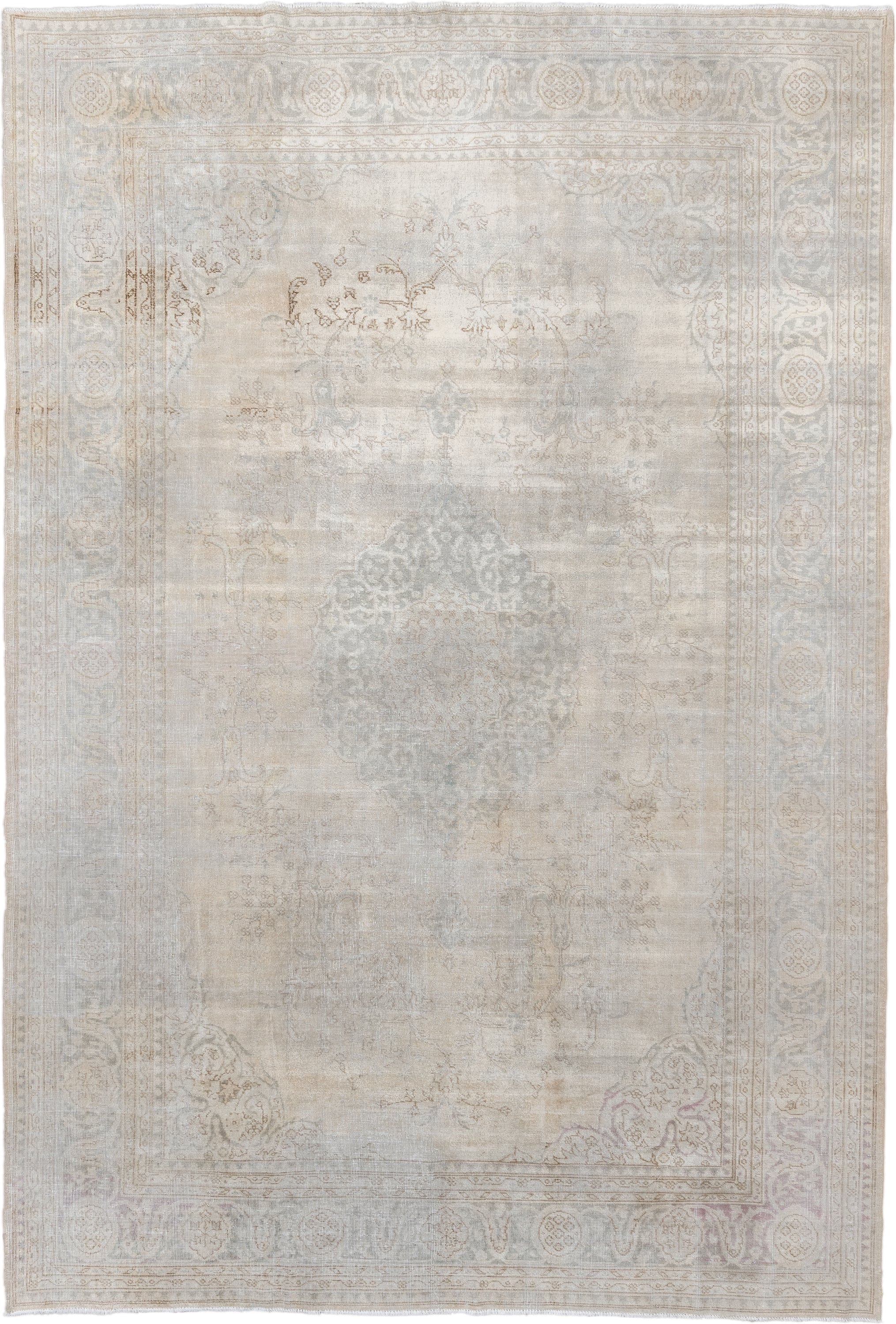 8' x 12' one-of-a-kind handmade vintage Sparta large size rug. Color palette: ivory, taupe, powder blue, cream, pale gray