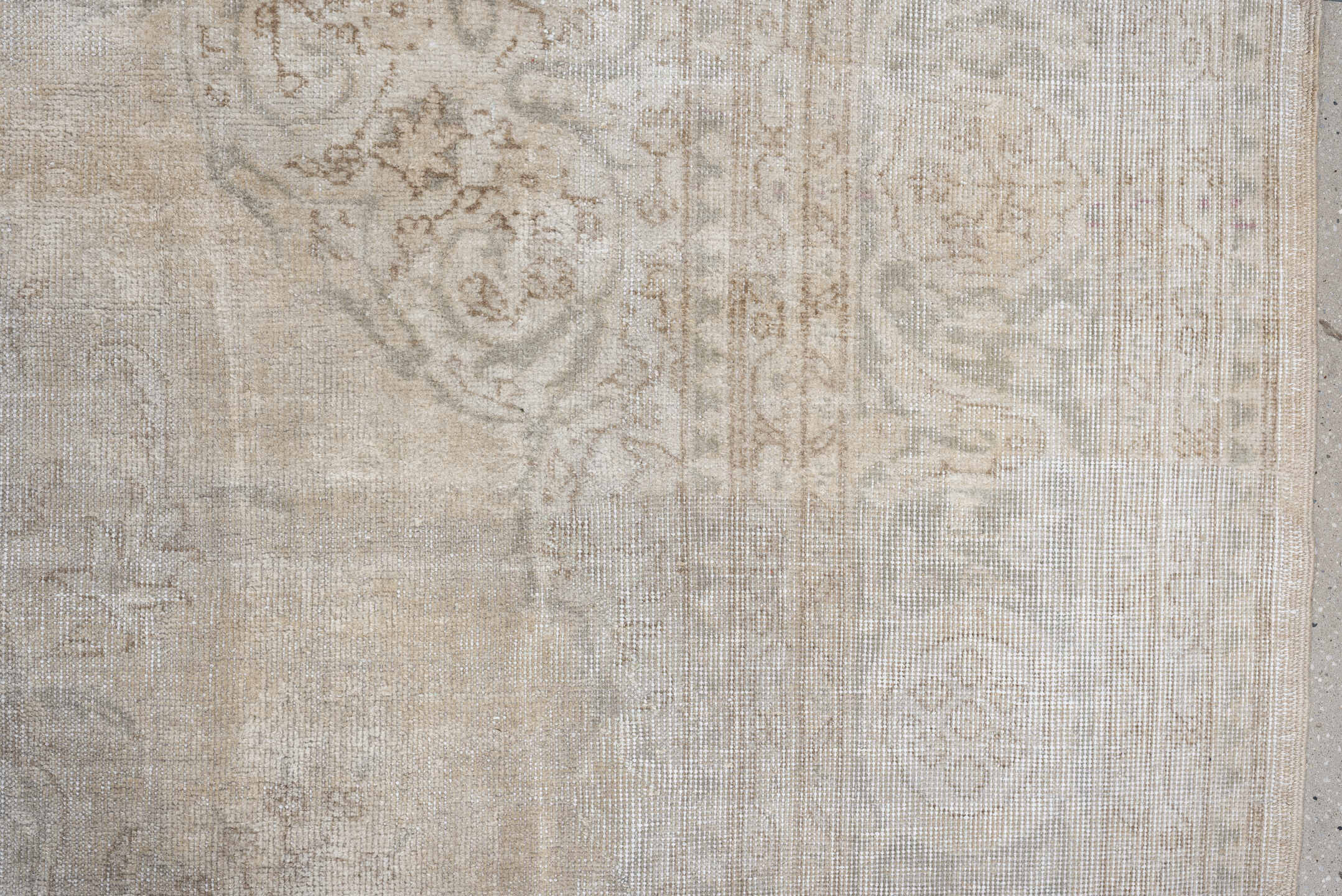8' x 12' one-of-a-kind handmade vintage Sparta large size rug. Color palette: ivory, taupe, powder blue, cream, pale gray